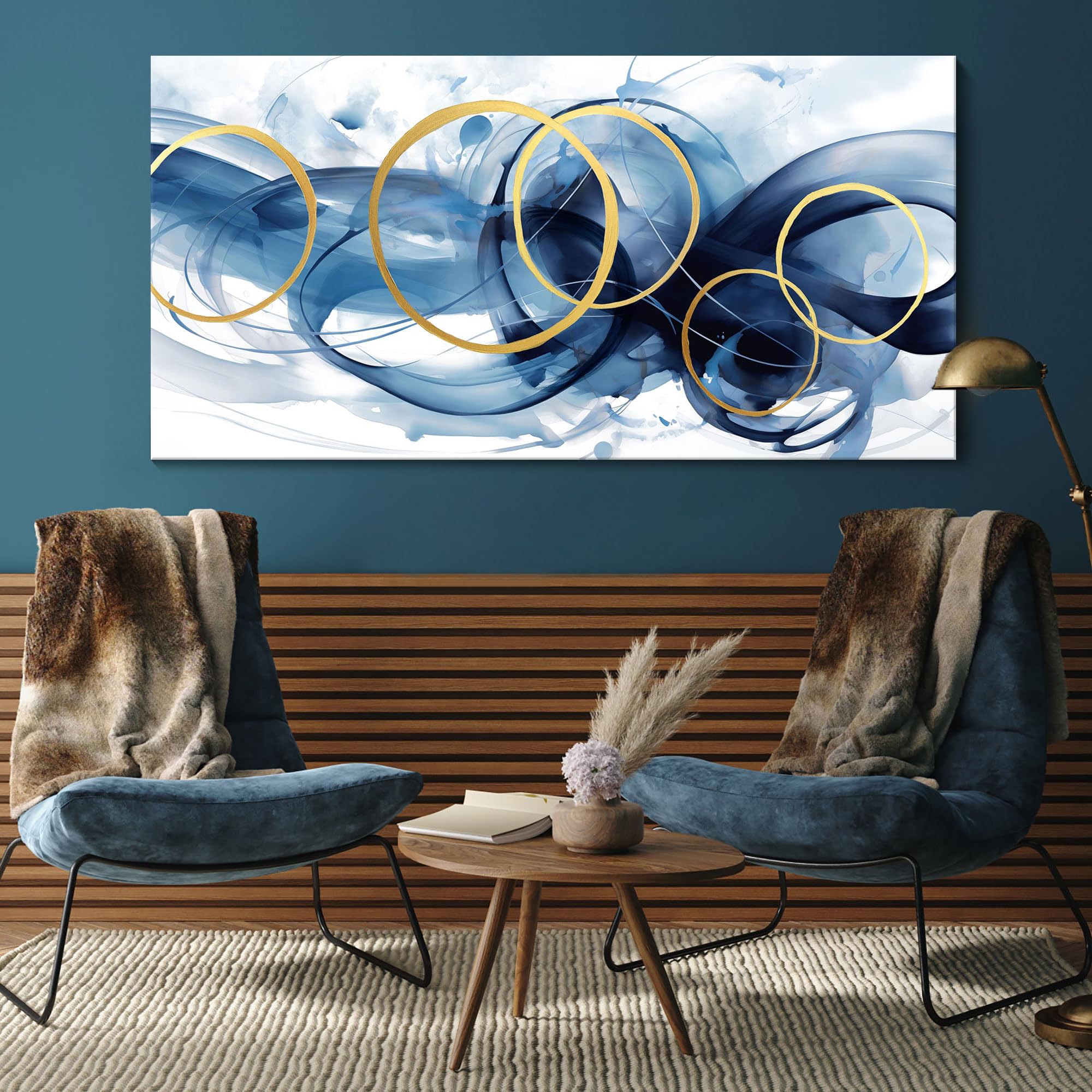 Hkdgoka Wall Art Living Room - Large Abstract Canvas Gold Blue Gradient Canvas Paintings Wall Artwork Modern Office Bedroom Pict