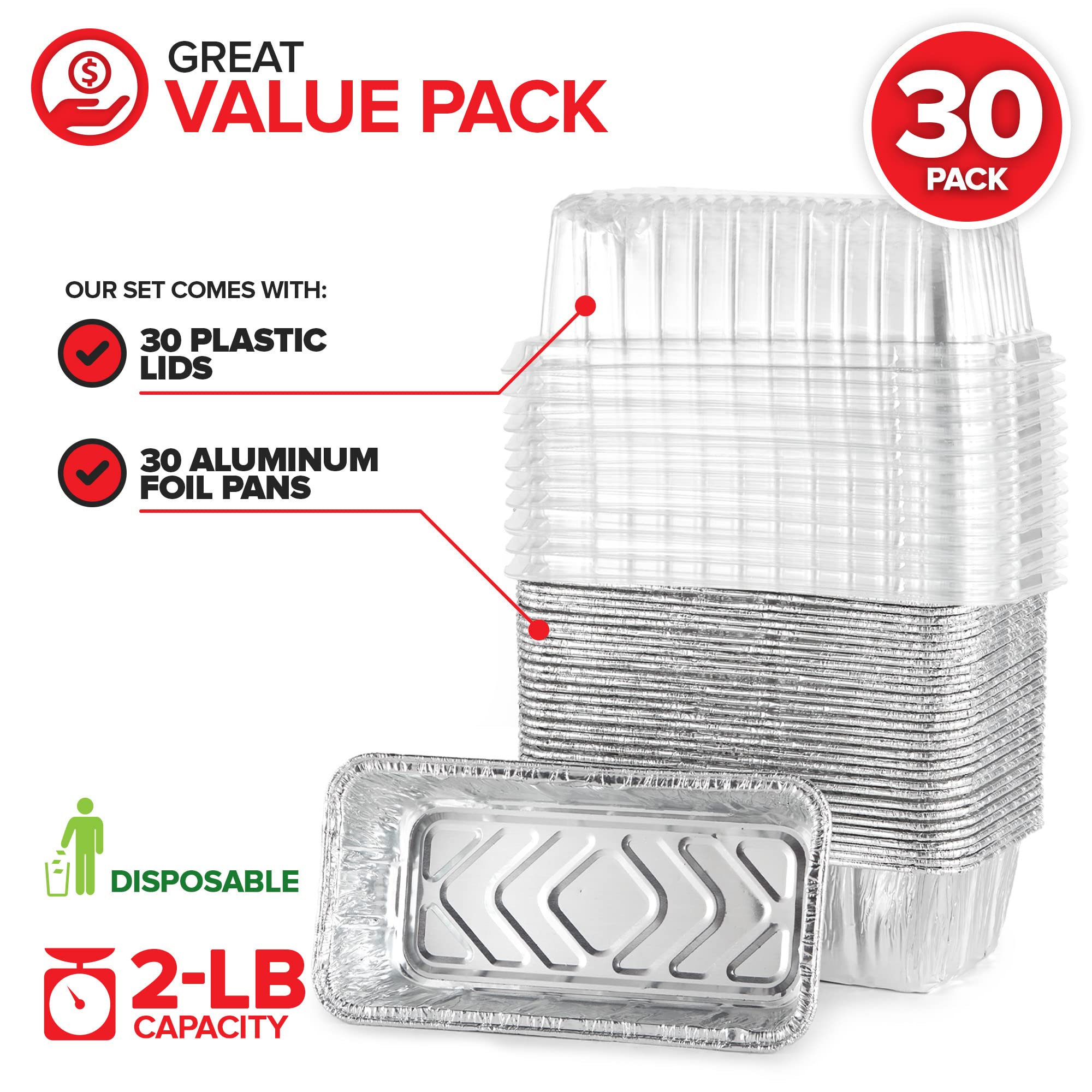 Stock Your Home Disposable Aluminum Loaf Pans With Lids, 2 Lb (30 Pack) Foil Baking Tins With Plastic Lid, Tin Pan With Cover Fo