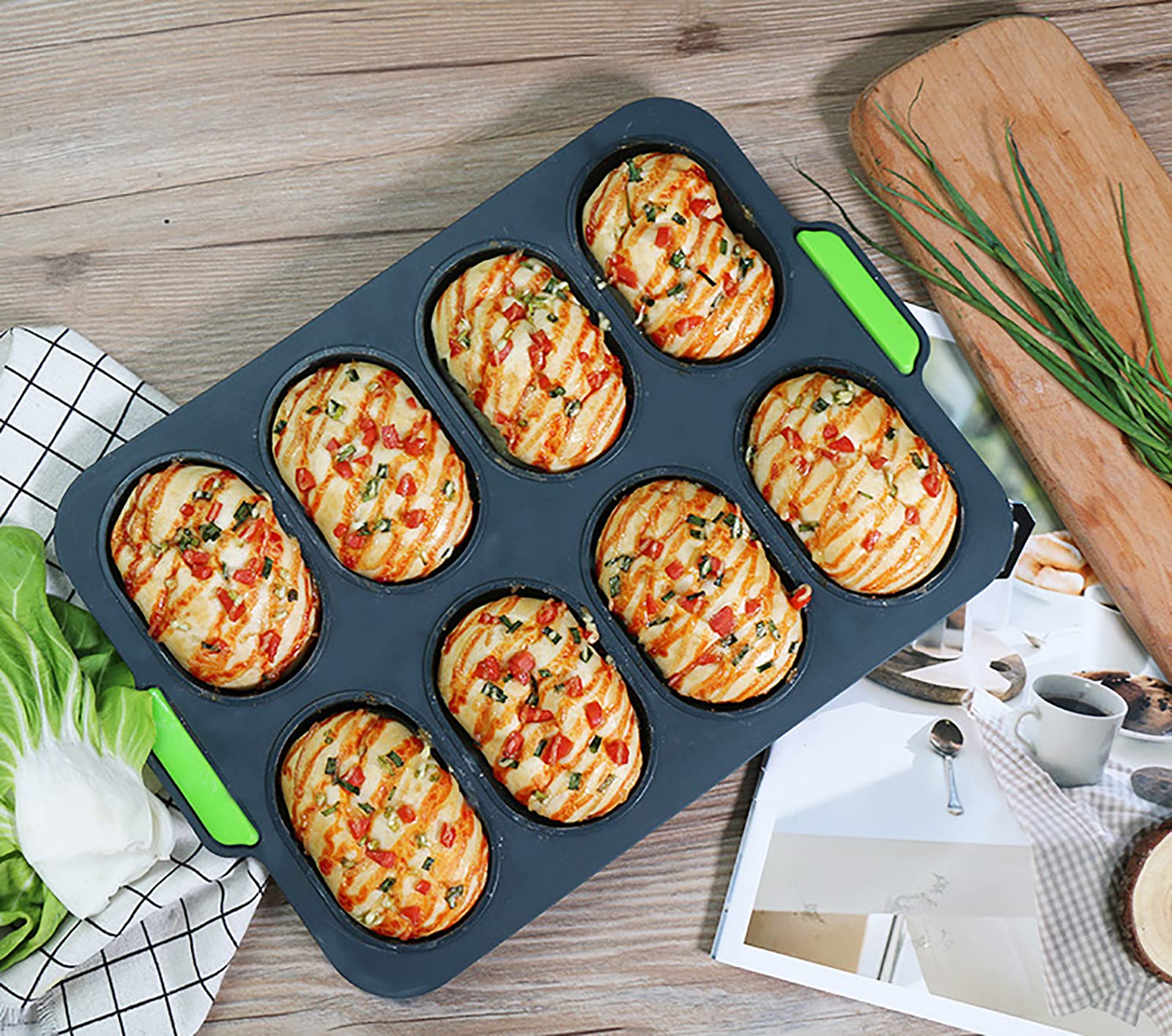 Topzea Set Of 2 Silicone Baguette Pan, Nonstick French Bread Bake Mold, 8 Gutter Perforated Ham Burger Buns Sandwich Rolls Pans,