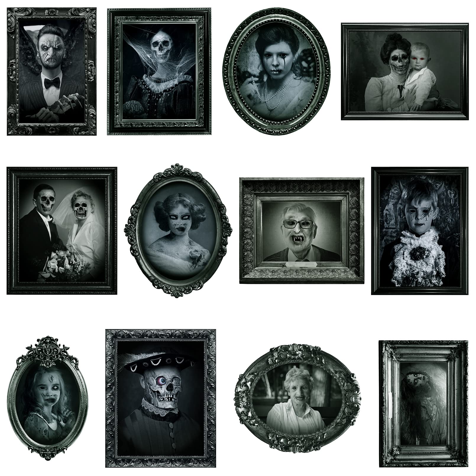 Duaiai Halloween Decorations, 12 Pieces Laminated Halloween Gothic Decor Poster Frames Durable Haunted House Scary Portraits Pic