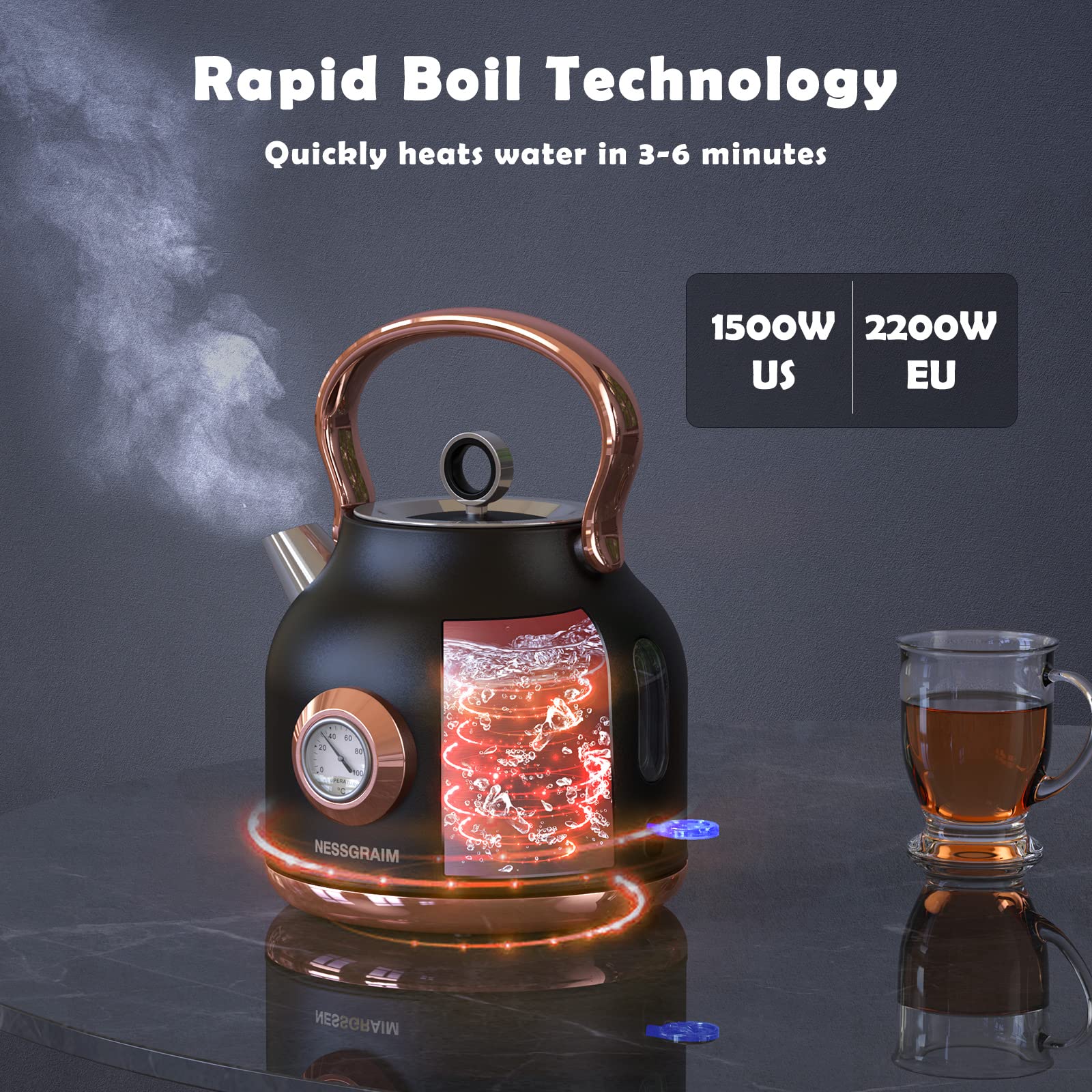 Nessgraim Retro Electric Kettle, 1.7L Stainless Steel Tea Kettle With Large Temperature Gauge, 1500W Fast Heating Hot Water Boil