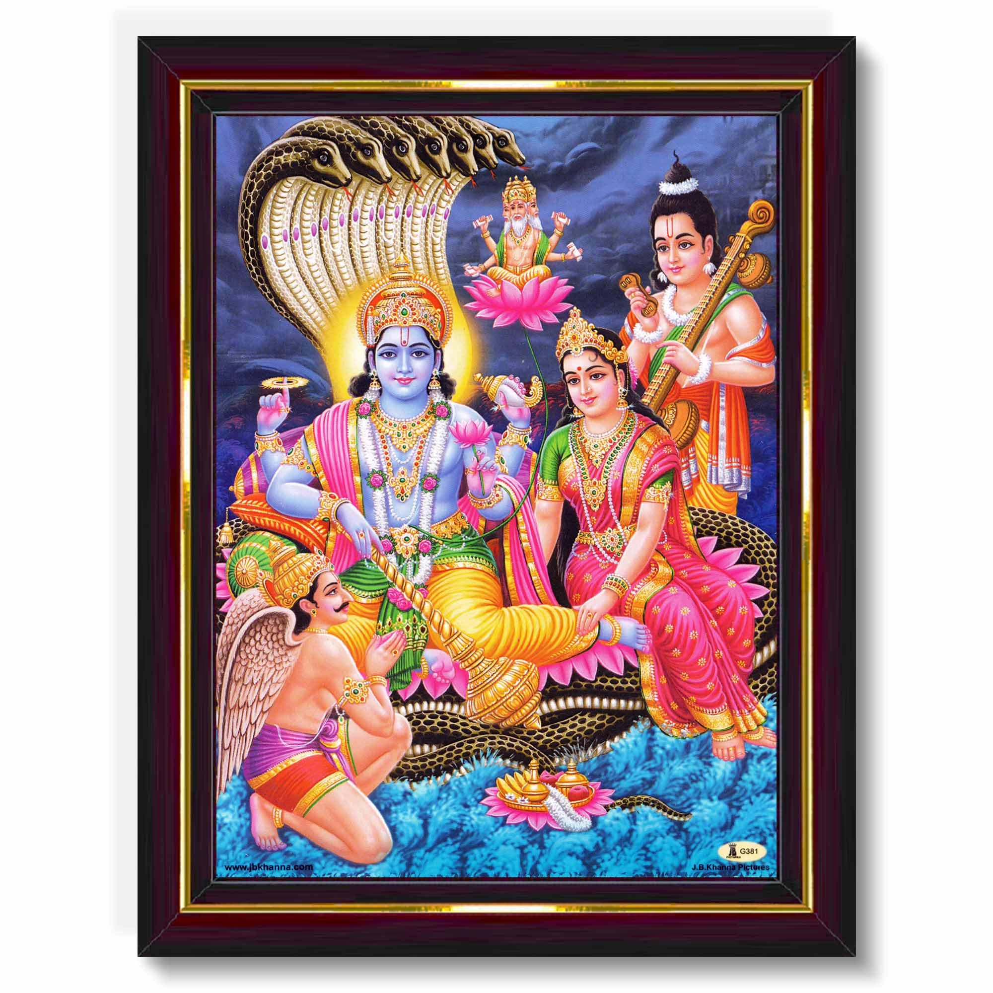 Pavan Photo Laminations Lord Vishnu Dev Lakshmi Devi Laxmi Narayan Wall Painting Framed Home Decor (Wood,Matte,Brown,Small Size,