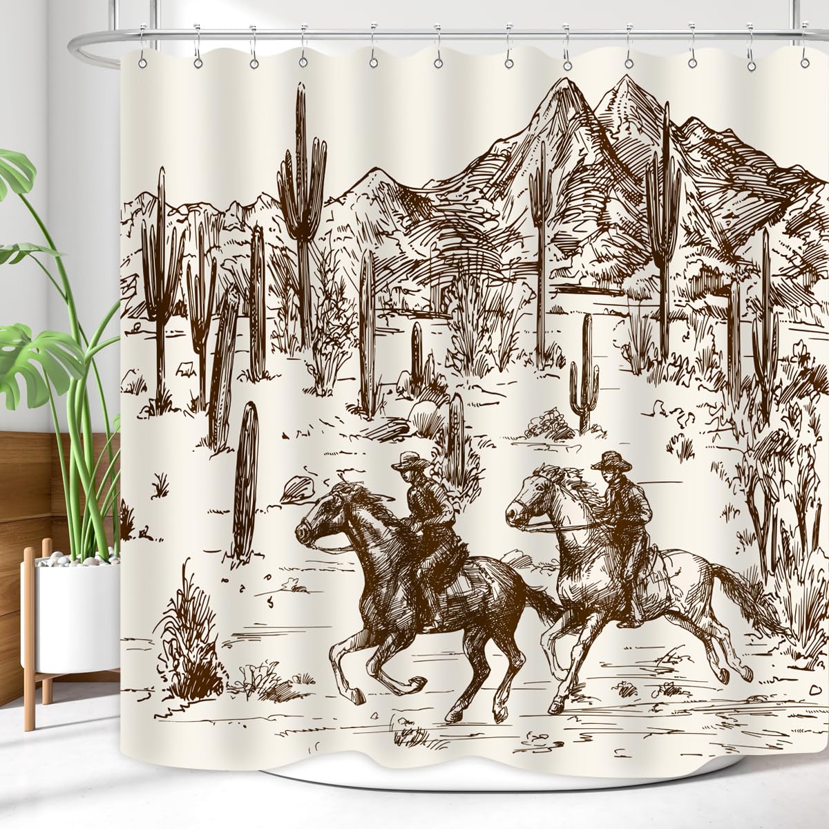 Zxmbf Western Cowboy Shower Curtain Cactus Farmhouse Country American Wild West Cowboy Riding Horse In Desert Hand Drawn Home Ba