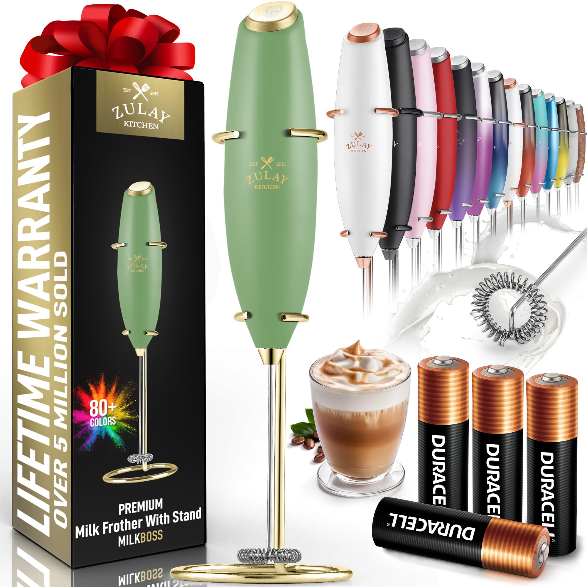 Zulay Kitchen Powerful Milk Frother Wand With 4 AA Duracell Batteries - Ultra Fast Handheld Drink Mixer - Electric Whisk Foam Ma