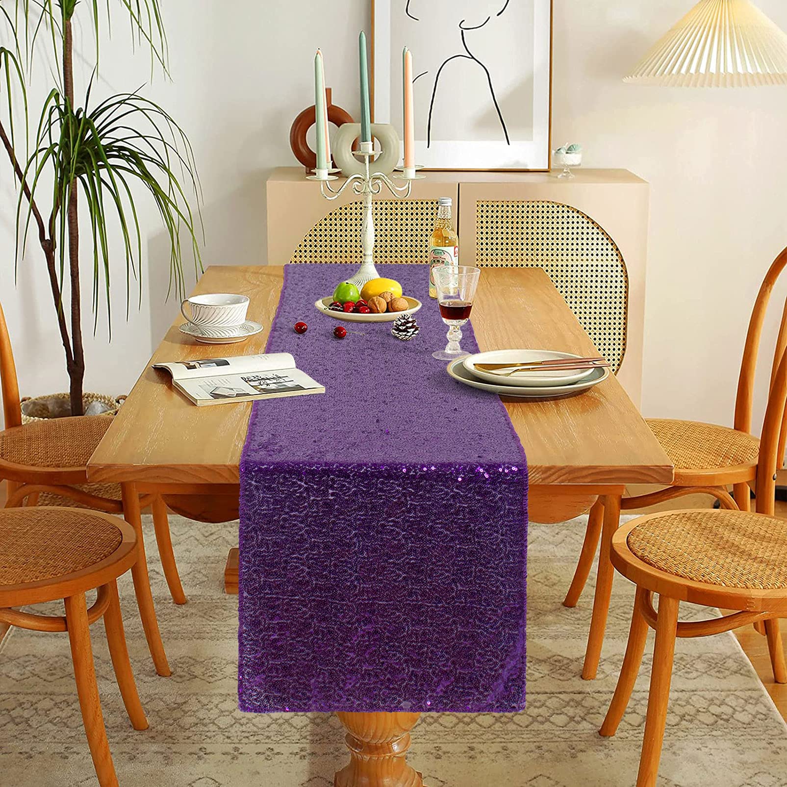 Amzlokae Sequin Table-Runner-Purple 2Pack Wedding Table Runner-12X120 Inch Purple Table Runners For Decoration Rectangle Glitter