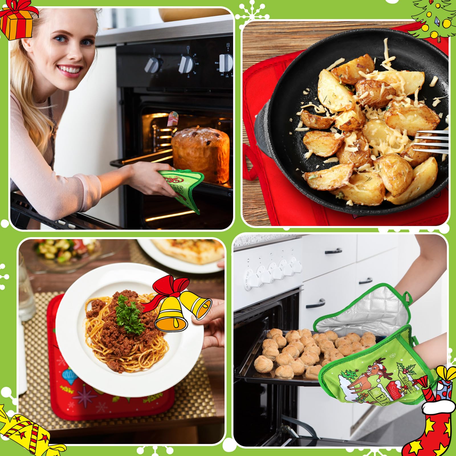 Jingmore 12 Pcs Christmas Pot Holders Bulk with Pocket Lime Green Xmas Pot Holders for Kitchen Red Green Santa Hot Pads and Oven