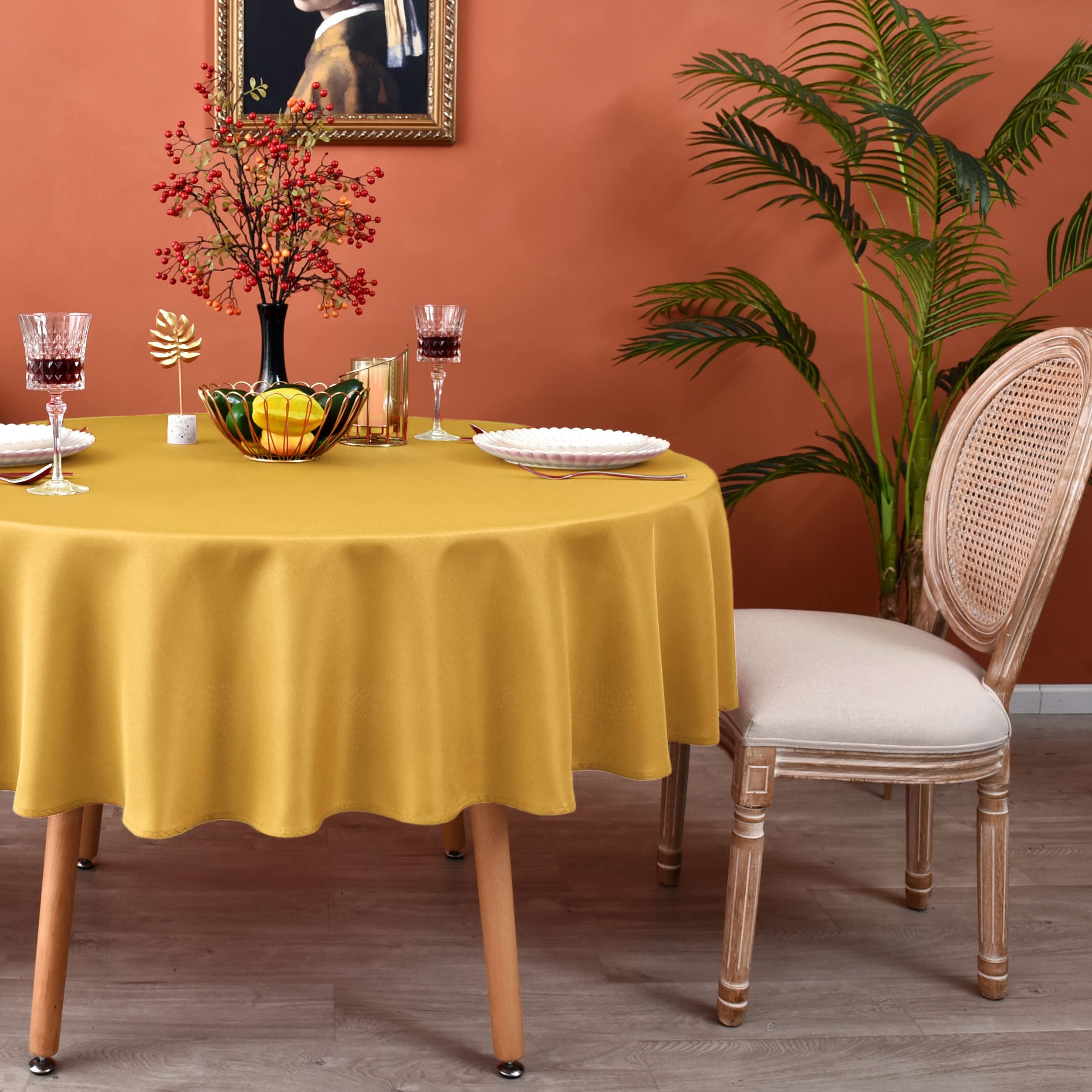 Meanmoy Gold 210 Gsm Water & Stain Resistant Round Tablecloth For Circle Table - Solid 60 Inch Table Cloth Cover In Wrinkle Free