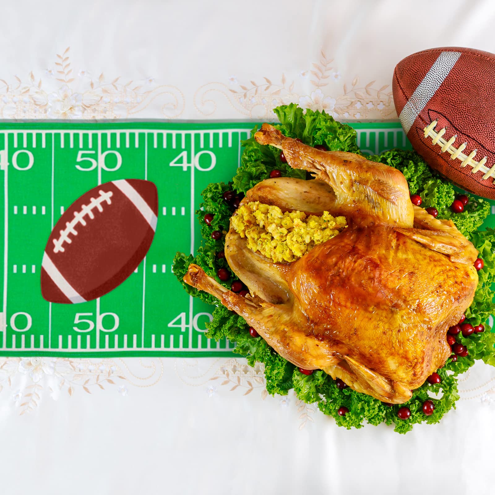 Tegeme 2 Pcs Football Table Runner Football Game Day Tablecloth Green Football Table Runner Table Centerpieces Decor For Kitchen