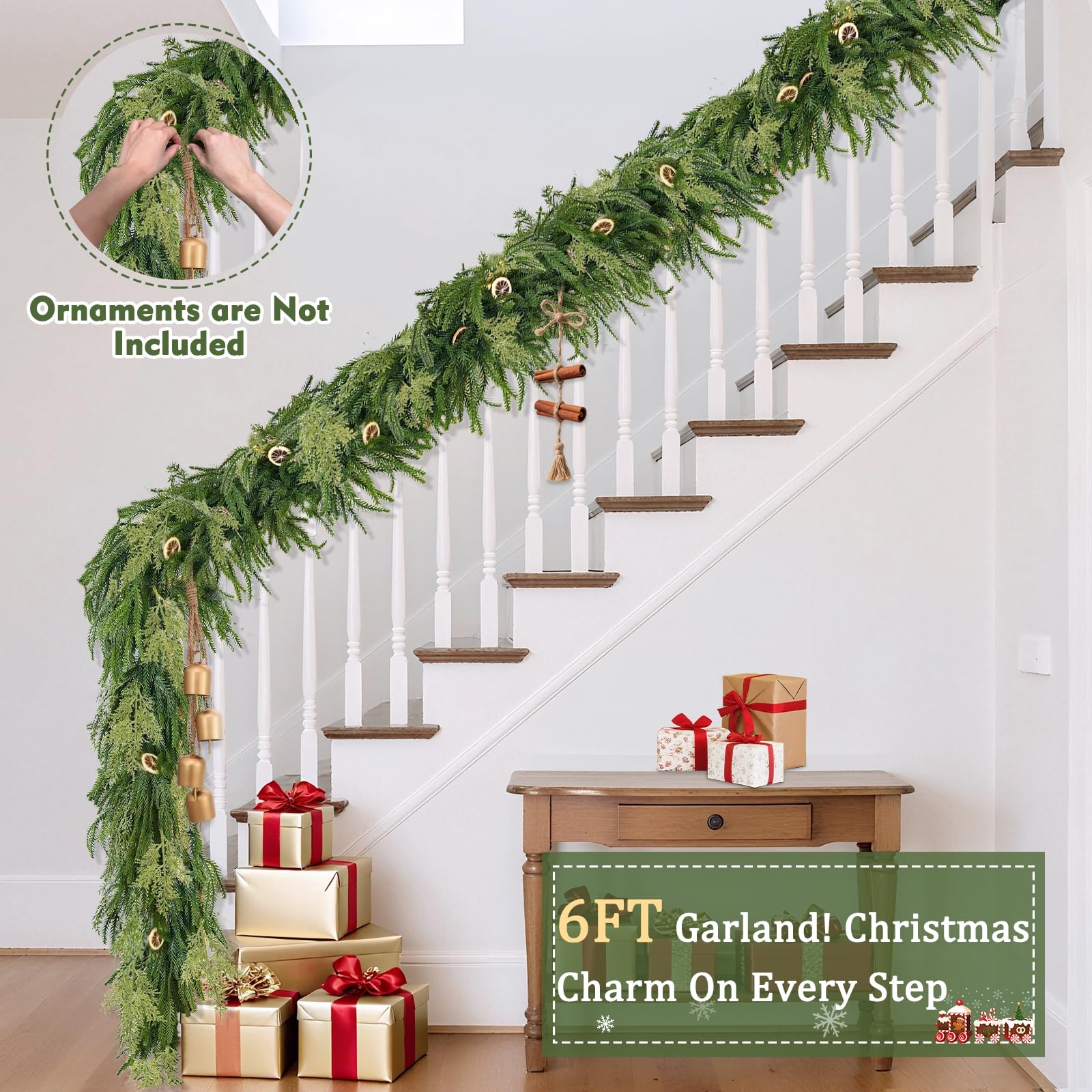 Thicker&Lush - Mixed Pine&Cedar - 6Ft by 12 Inch Christmas Garland Norfolk Pine Garland,Real Touch Cedar Garland,Realistic Soft