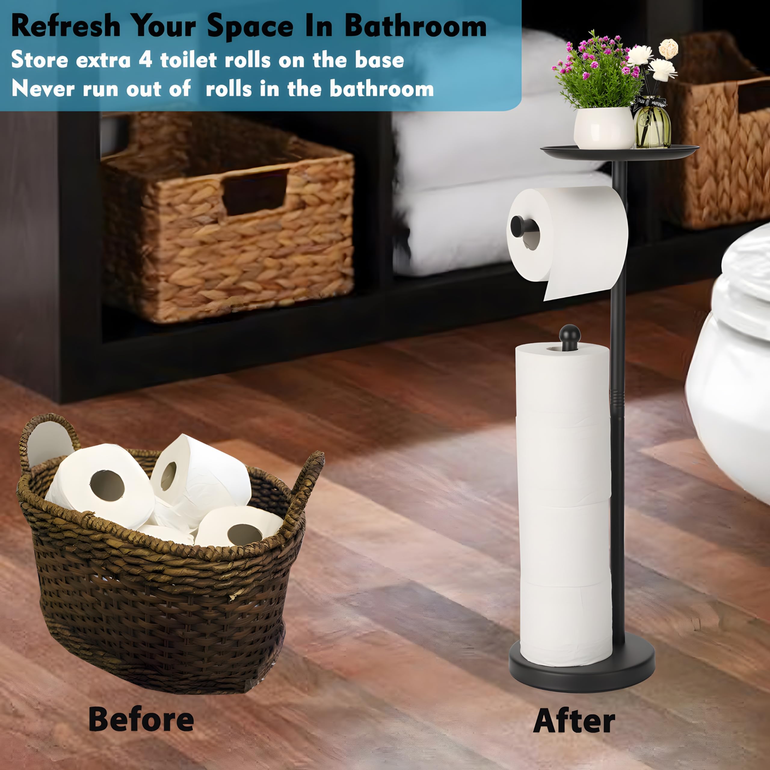 Noonext Black Toilet Paper Holder With Shelf, Freestanding Toilet Paper Holder Stand With Tray At The Top, Heavy Base No Tipping