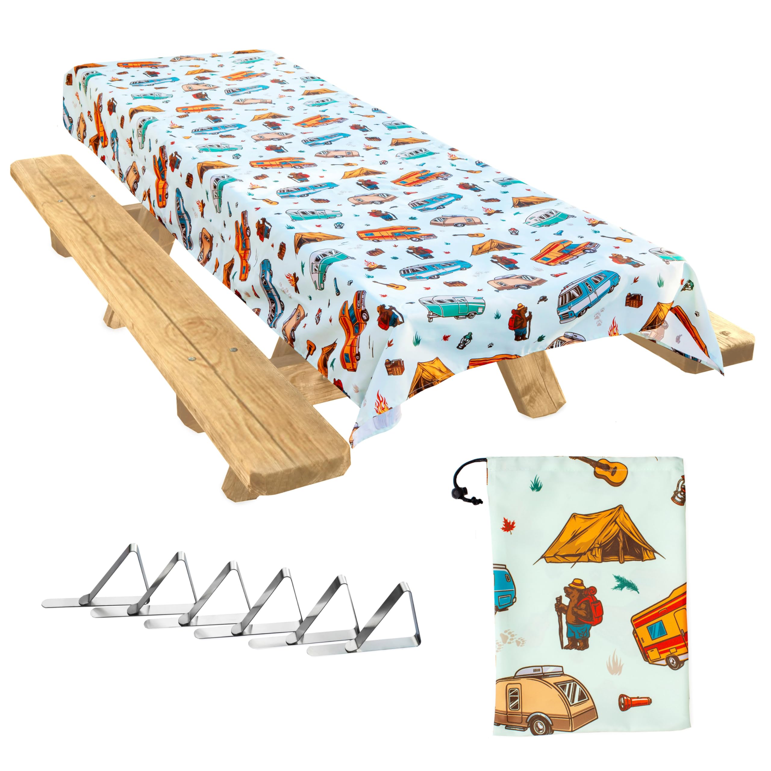 Jolly Camper Camping Tablecloth, Picnic Tablecloth, Fits 4ft to 8ft Picnic Tables, Polyester, Washable & Reusable, Spill & Stain