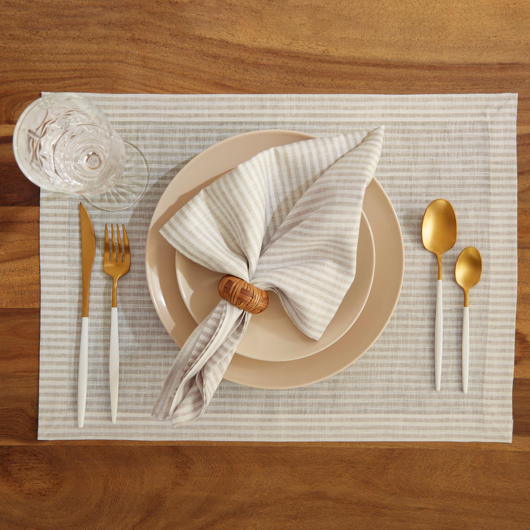 Solino Home Stripe Linen Placemats 19'' L X 14'' W Inch - 100% Pure Linen Natural And White Cloth Placemats Set Of 4 - Narrow St