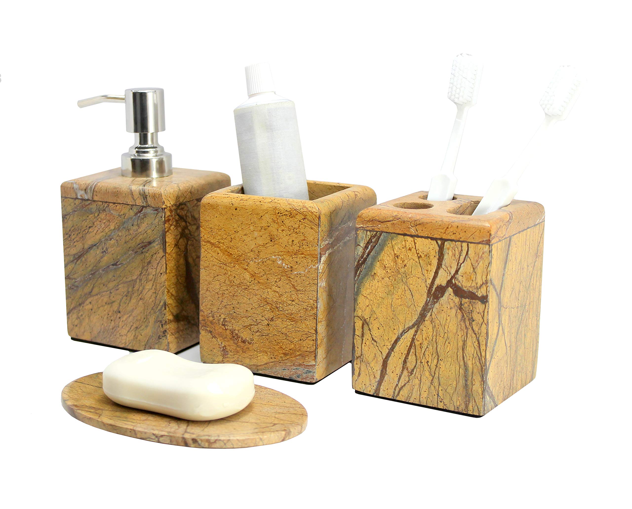 Kleo - Bathroom Accessory Set Made From Natural Stone - Bath Accessories Set Of 4 Includes Soap Dispenser, Toothbrush Holder, Tu