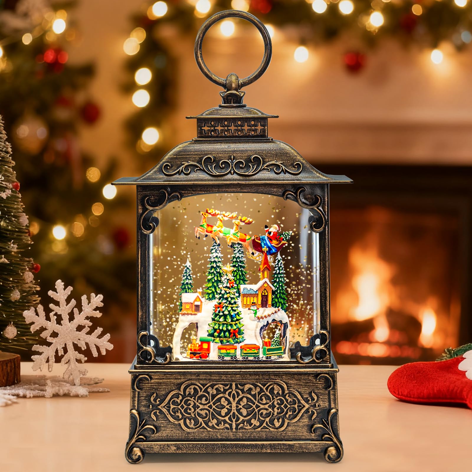 Christmas Snow Globes Lantern, Santa Claus & Train Christmas Decorations Indoor, 6H Timer Battery & USB Powered Light Up Musical