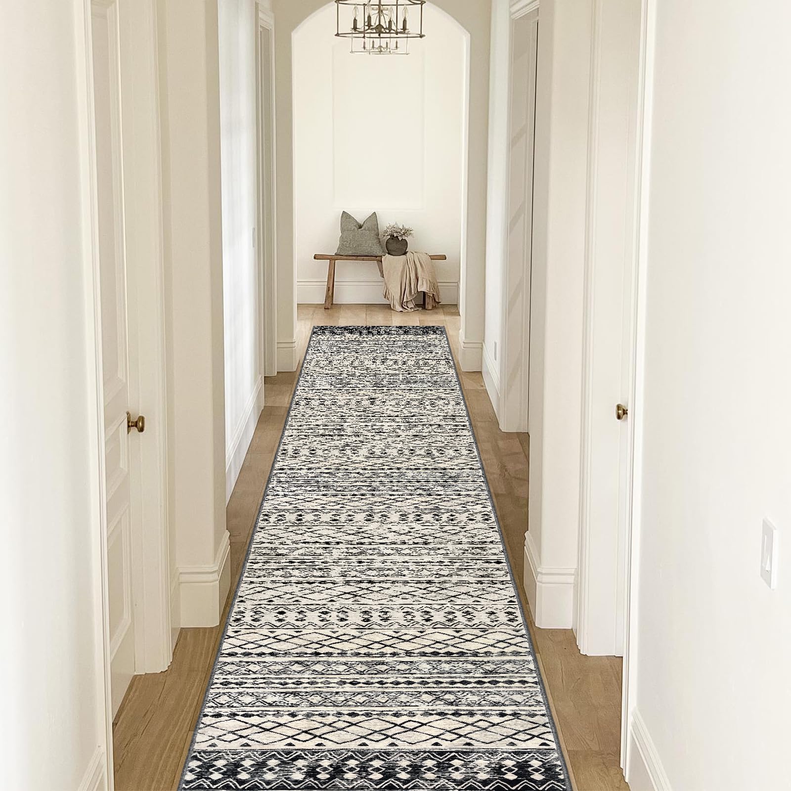 KUTA Boho Runner Rug for Hallway 2.6x16 Moroccan Washable Black Navy Blue Rug Non-Slip Vintage Long Runner Kitchen Rugs Soft Geo