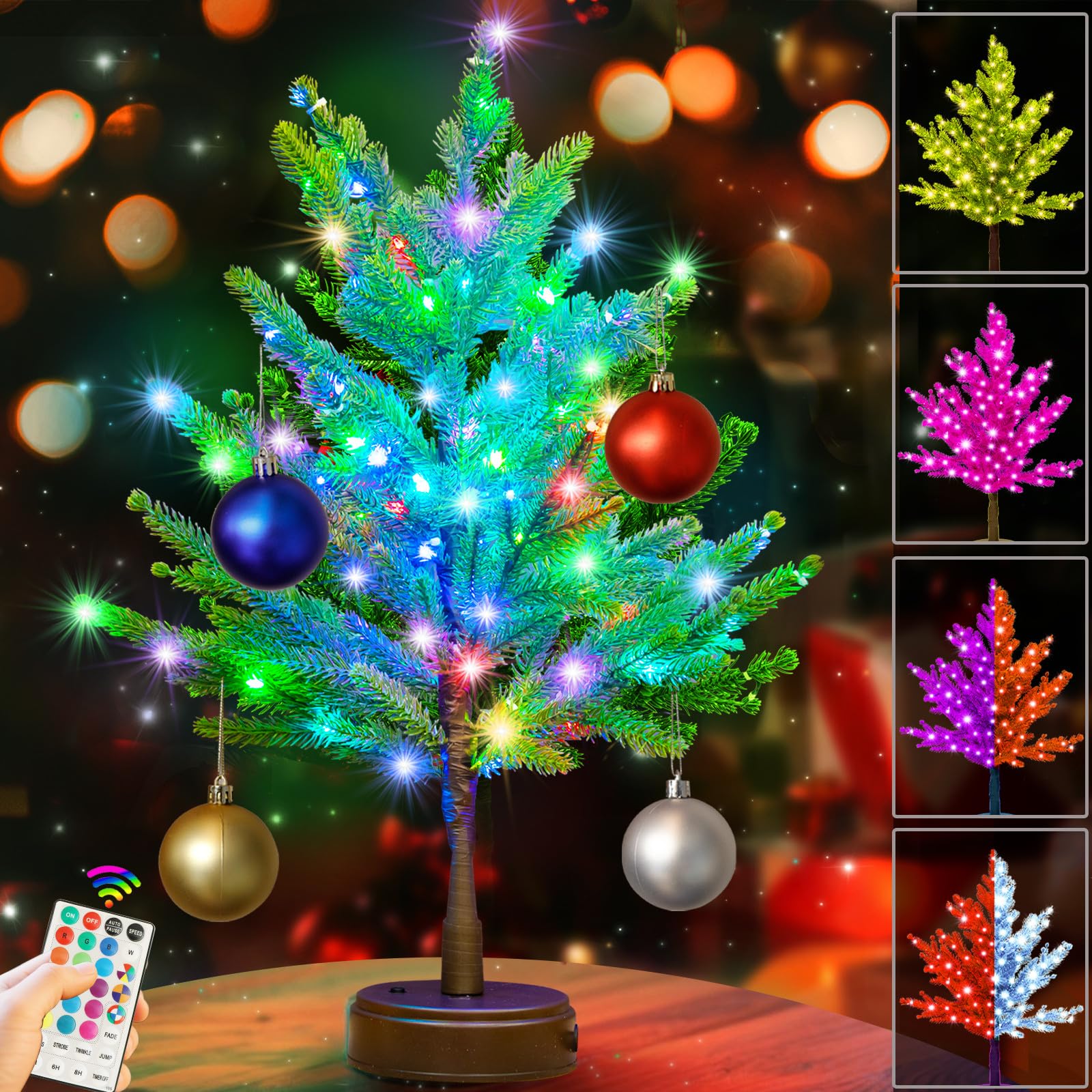 Pooqla RGB Lighted Mini Christmas Tree, Color Changing Tabletop LED Xmas Tree with Remote, 28 Colors 80 LED Pre-lit Artificial S