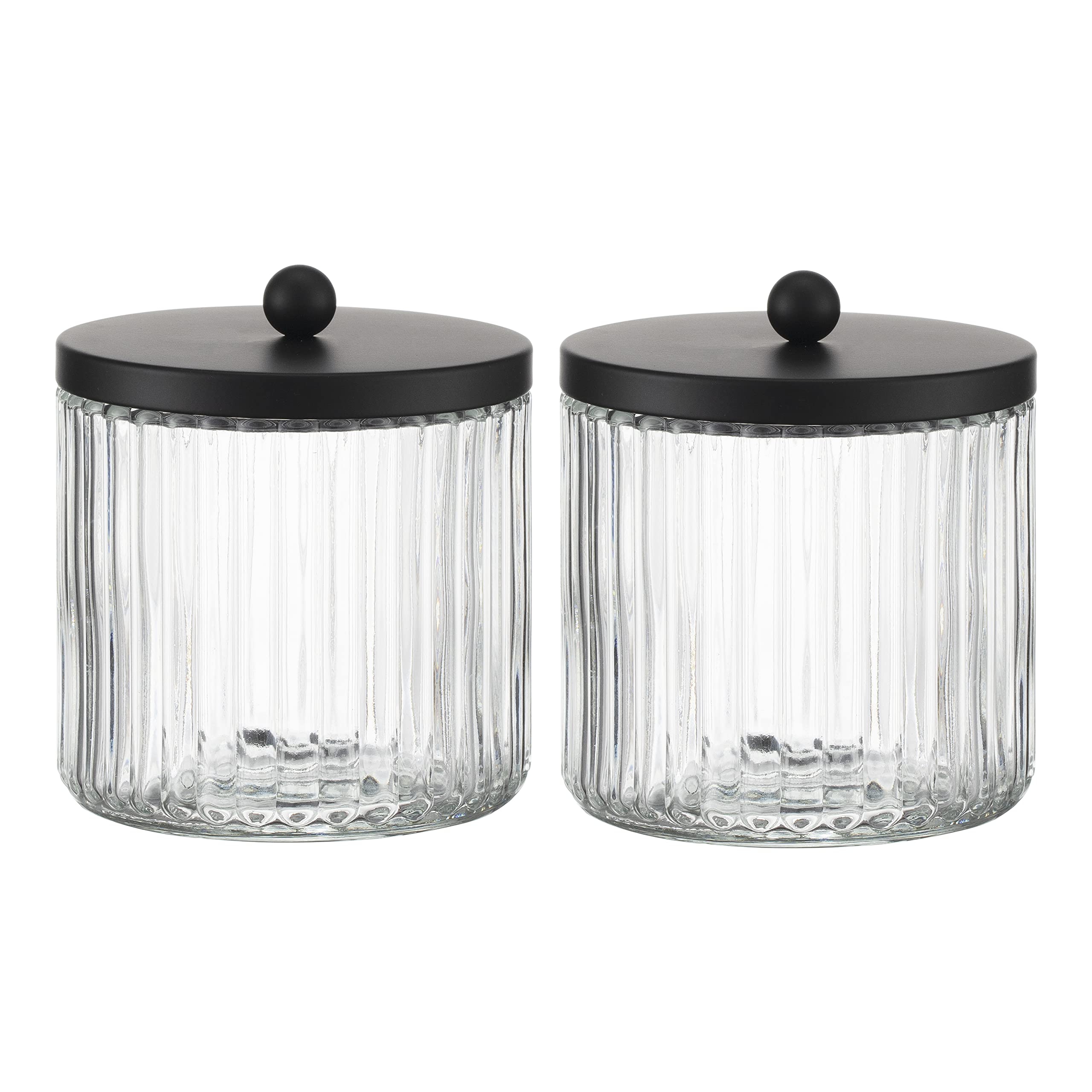 KMwares 2-Pack Glass Qtip Holder Dispenser Set for Cotton Ball, Swab, Round Pads, Floss Picks with Matte Black Metal lid - Bathr