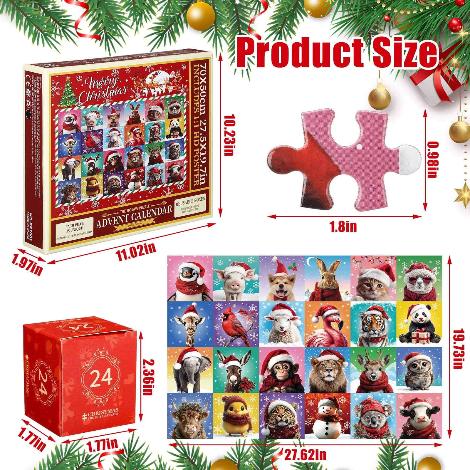 Wovnet 24 Boxes 1000 Pcs Advent Calendar 2025 Christmas Jigsaw Puzzle for Adults Winter Snow Animals Puzzles 24 Days Christmas C