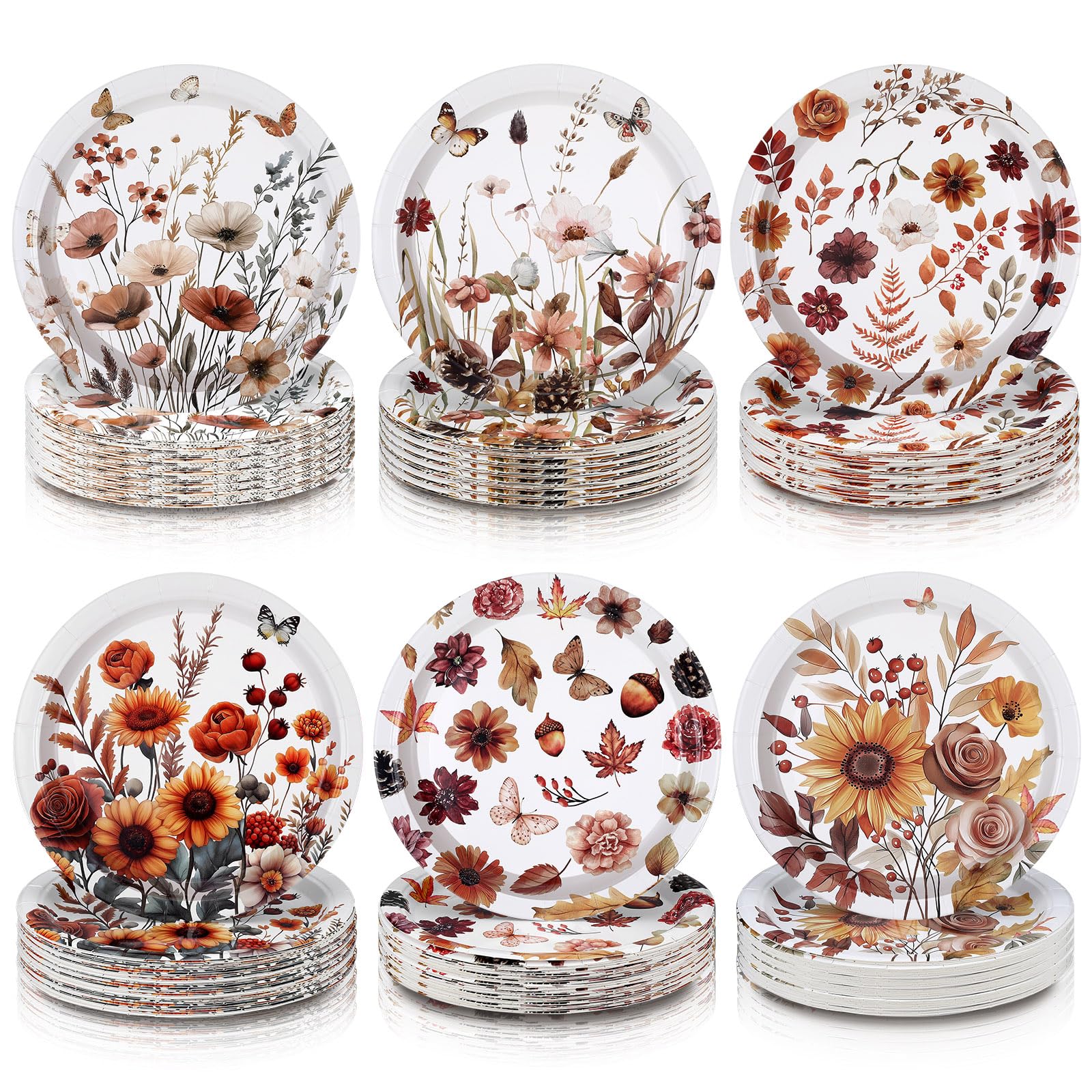 Fourluoo 96 Pcs Thanksgiving Fall Floral Plates Disposable 7 Inch Flower Butterfly Plates for Autumn Thanksgiving Day Party Birt