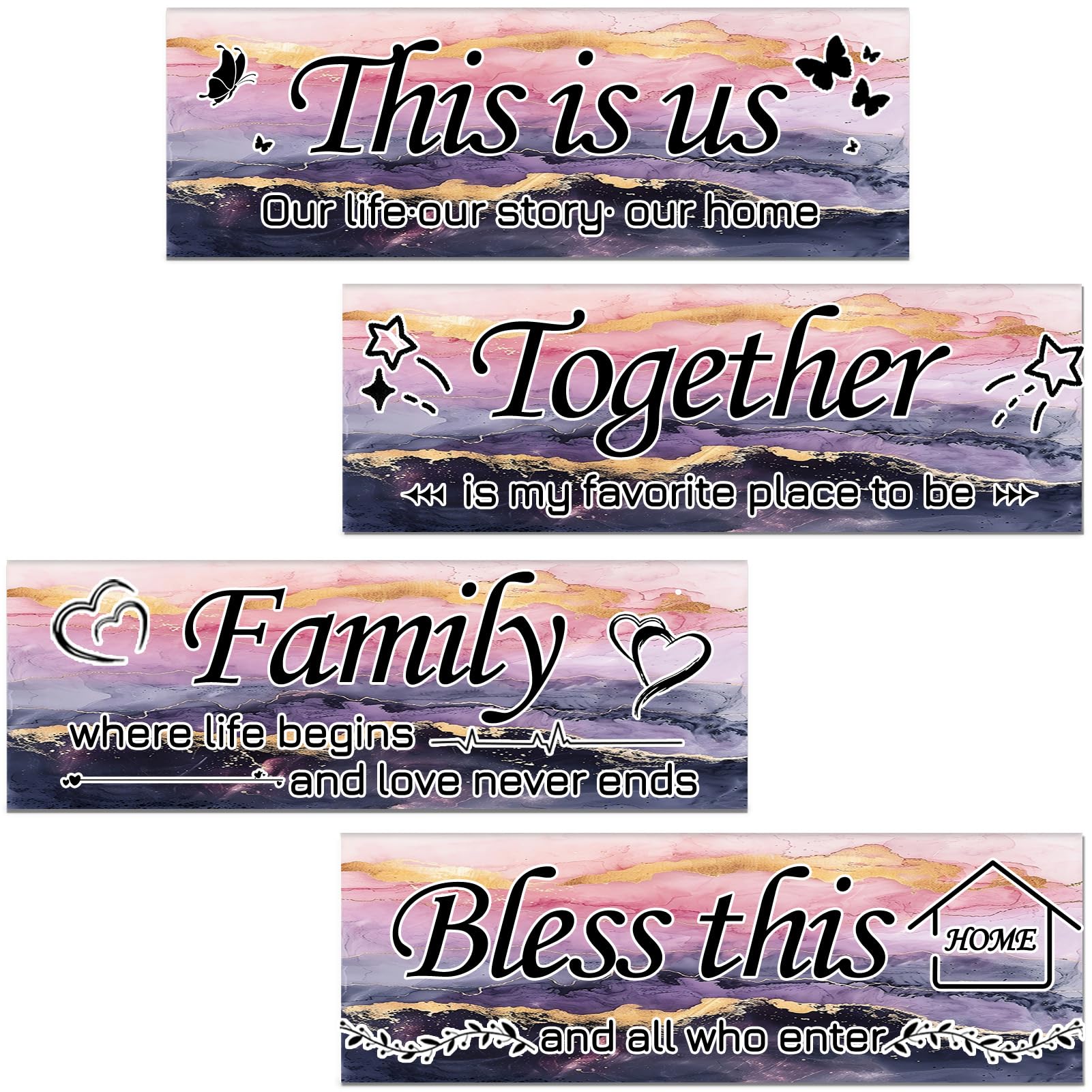 Lnond 4 Pieces Pink Purple Gold Marble Living Room Wall Decor, Motivational Home Family Rustic Wall Art Decor for Bedroom Living