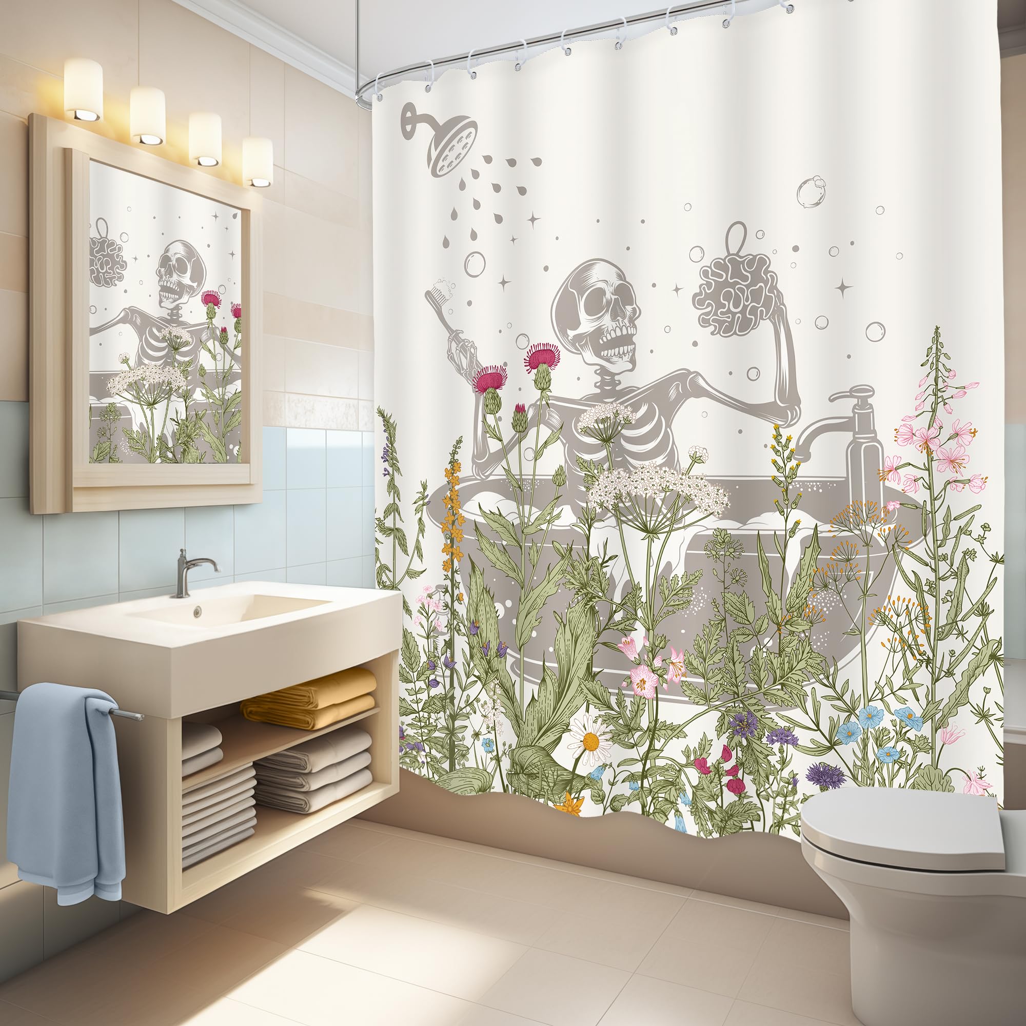 Lghtyro Funny Skull Halloween Wildflower Shower Curtain Bathroom Set 60Wx71H Inches Gothic Skeleton Floral Rustic Leaves In Bath