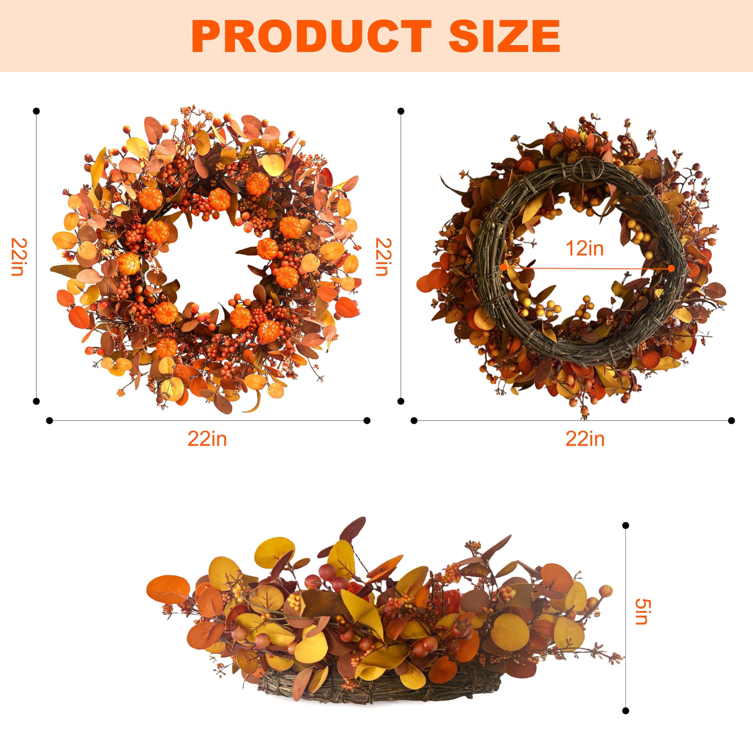MAINGKAUNG Fall Wreath 22 Inch Fall Wreaths for Front Door Autumn Pumpkin Wreaths with Orange Eucalyptus Leaves and Berries for