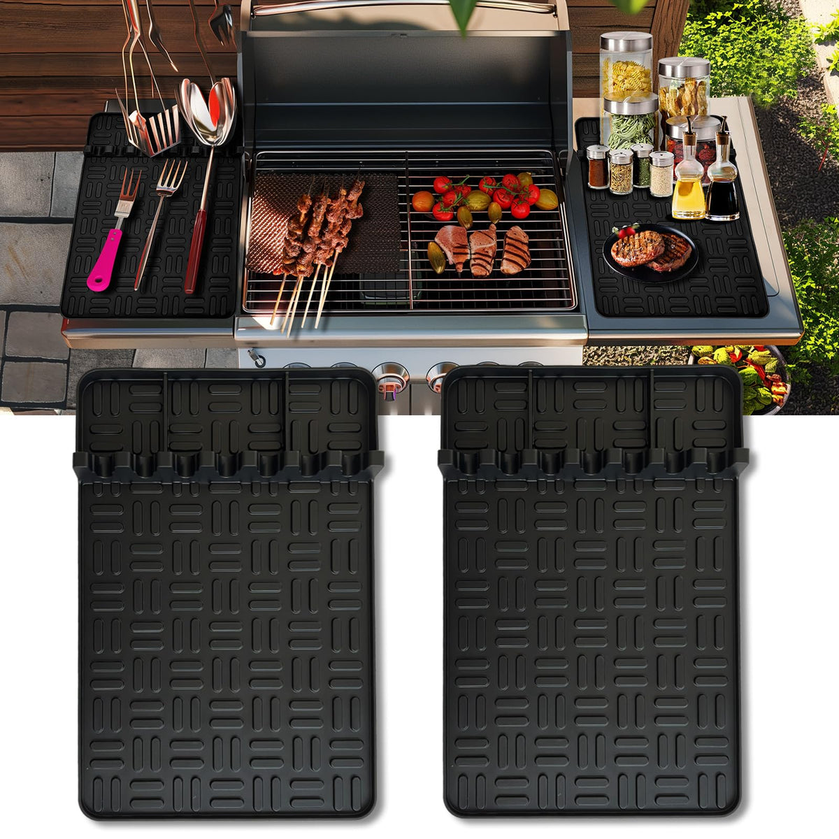 Pet Baby 2Pcs Silicone Griddle Tools Mat, Large Spatula Mat With Drip Pad Griddle Silicone Mat Side Shelf Mat For Grill Bbq Grid