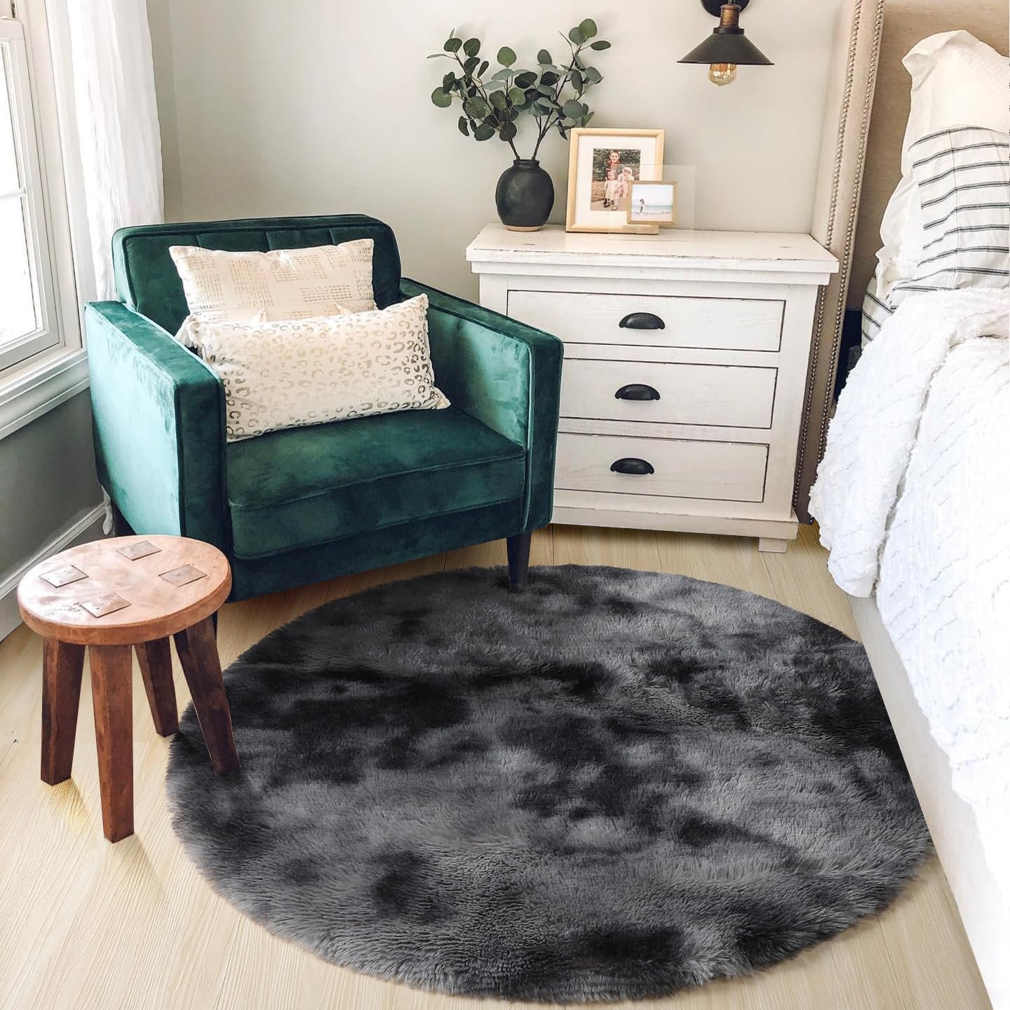 Amdrebio Tie-Dyed Dark Grey Round Area Rug 5Ft for Living Room Bedroom, Soft Furry Shaggy Circle Rugs for Classroom Playroom Dor