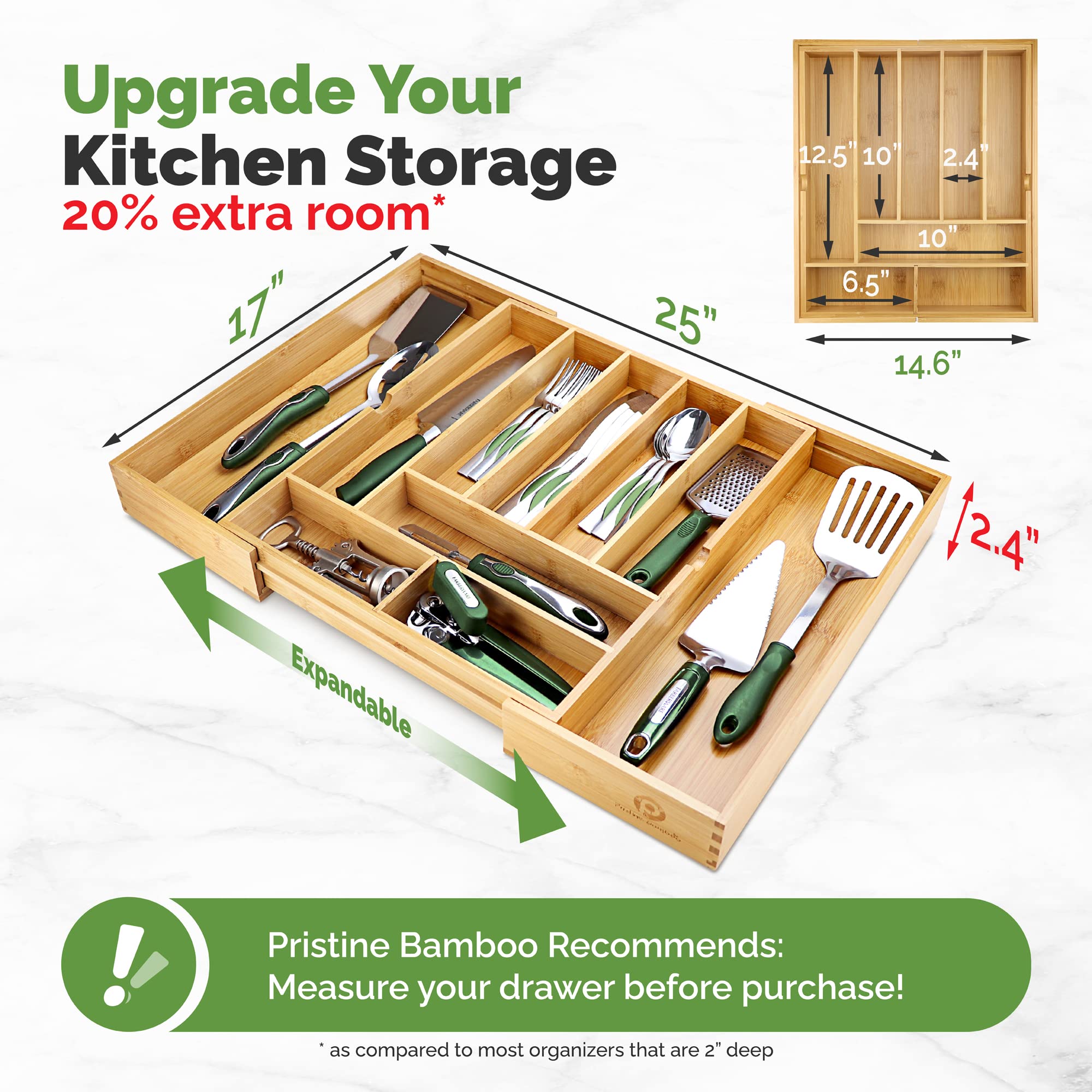 Pristine Bamboo Silverware Organizer - Expandable Kitchen Drawer Organizer - Adjustable Kitchen Drawer Organizer for Utensils  Expandable to 25 Inches Wide  10 Compartments  Silverware Tray for Drawer