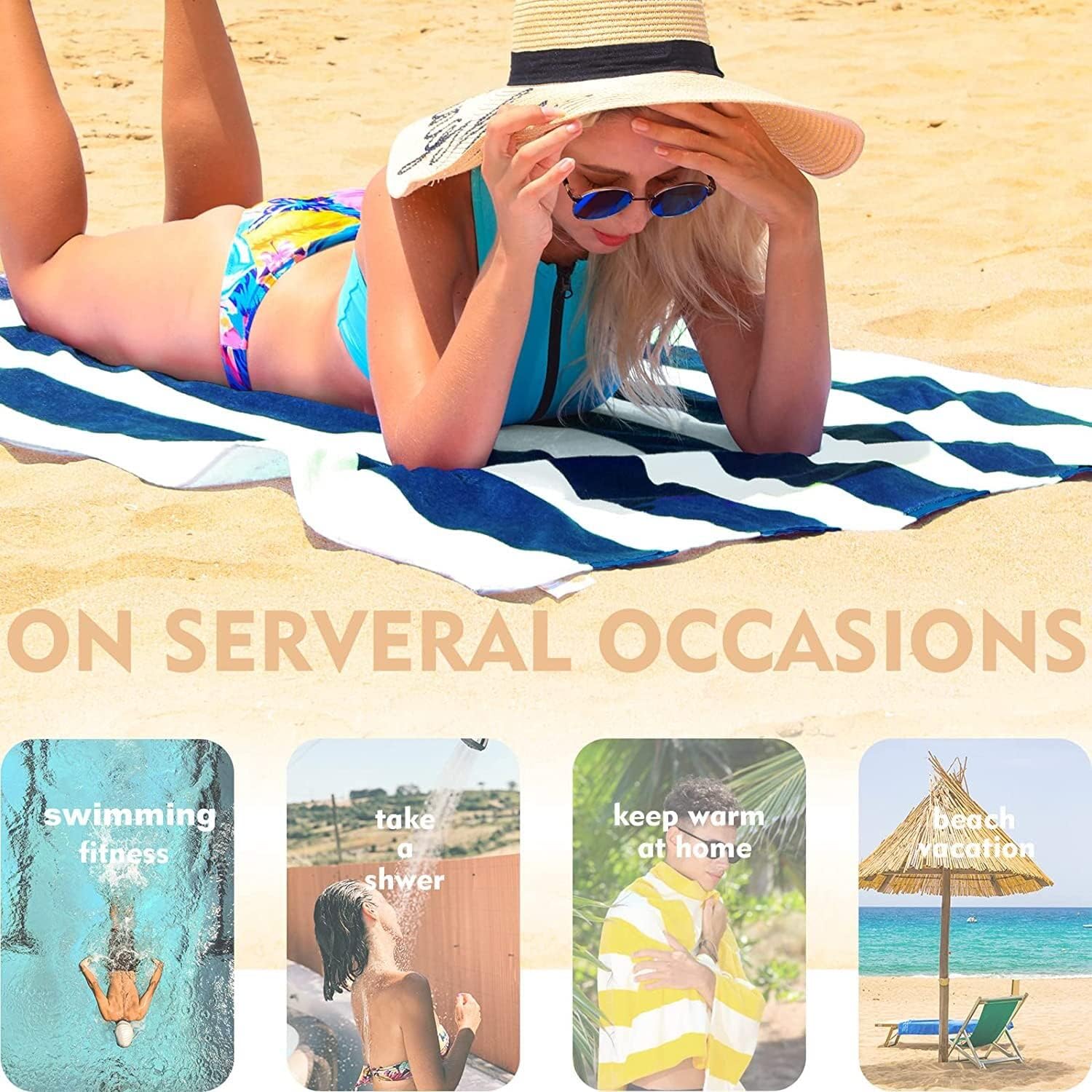 Exclusivo Mezcla 4 Pack 100% Cotton Large Beach Towels (30X60 Inches), Soft Cabana Stripe Thick Beach Towel, Super Absorbent Swi