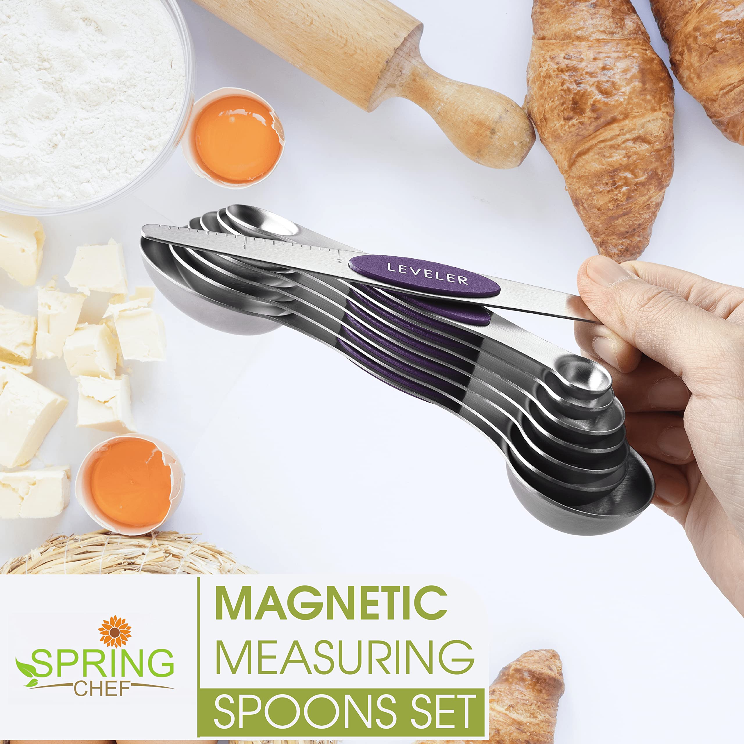 Spring Chef Magnetic Measuring Spoons Set, Dual Sided, Stainless Steel, Fits In Spice Jars, Purple, Set Of 8, 2 Pack