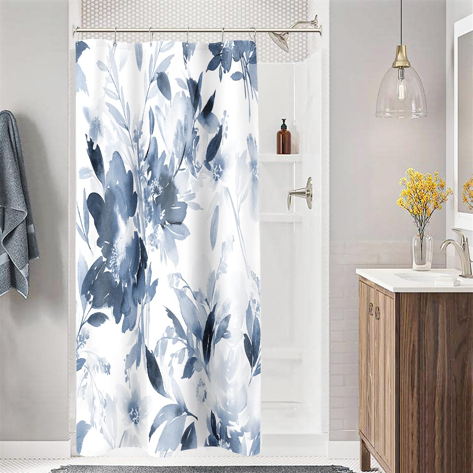 Mayzus Small Stall Shower Curtain 36 X 72 Inch, Half Narrow Dorm Watercolor Floral Fabric Shower Curtain, Modern Abstract Navy B