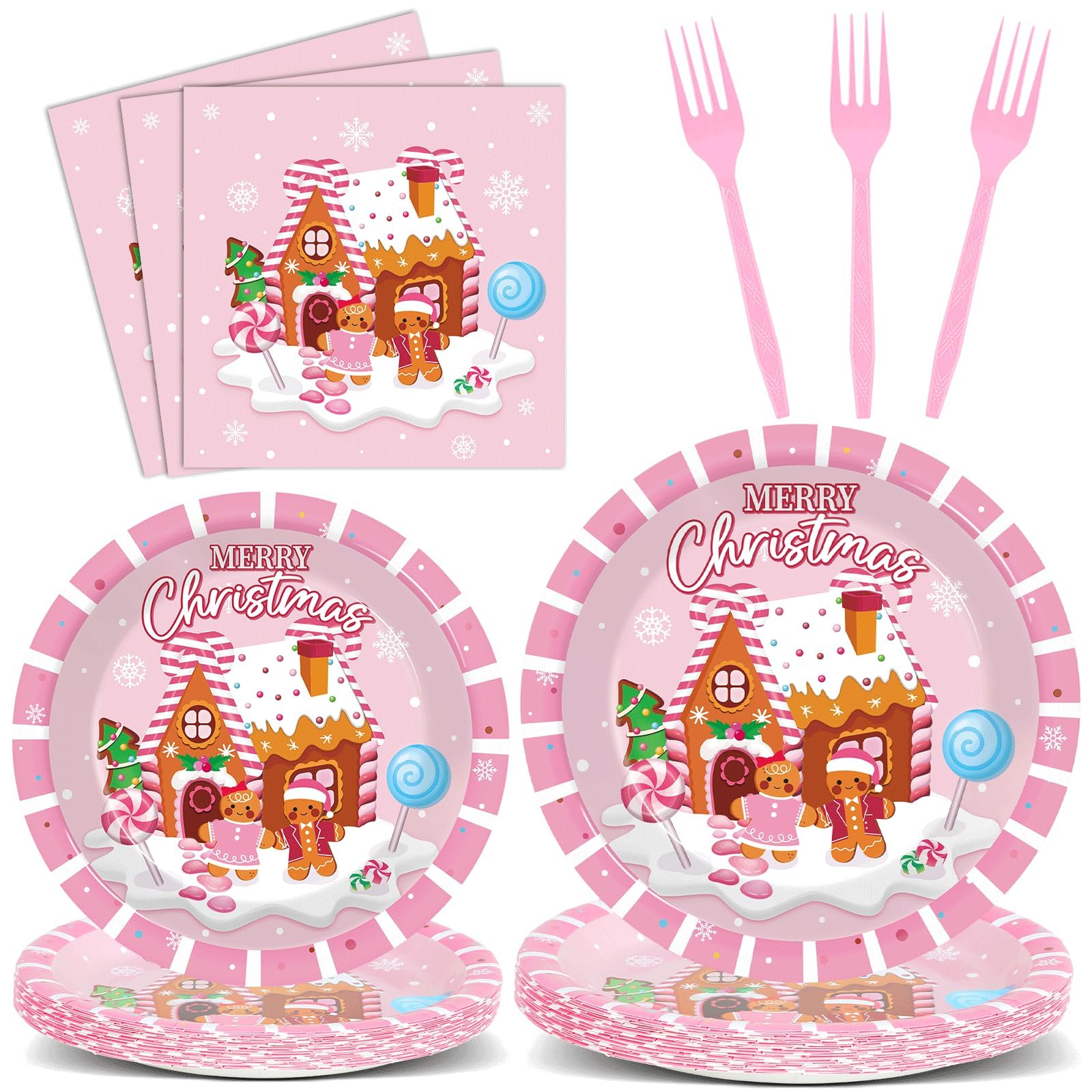 96Pcs Christmas Gingerbread Party Supplies Christmas Paper Plates Nankins Pink Gingerbread House Party Decorations Xmas Winter H