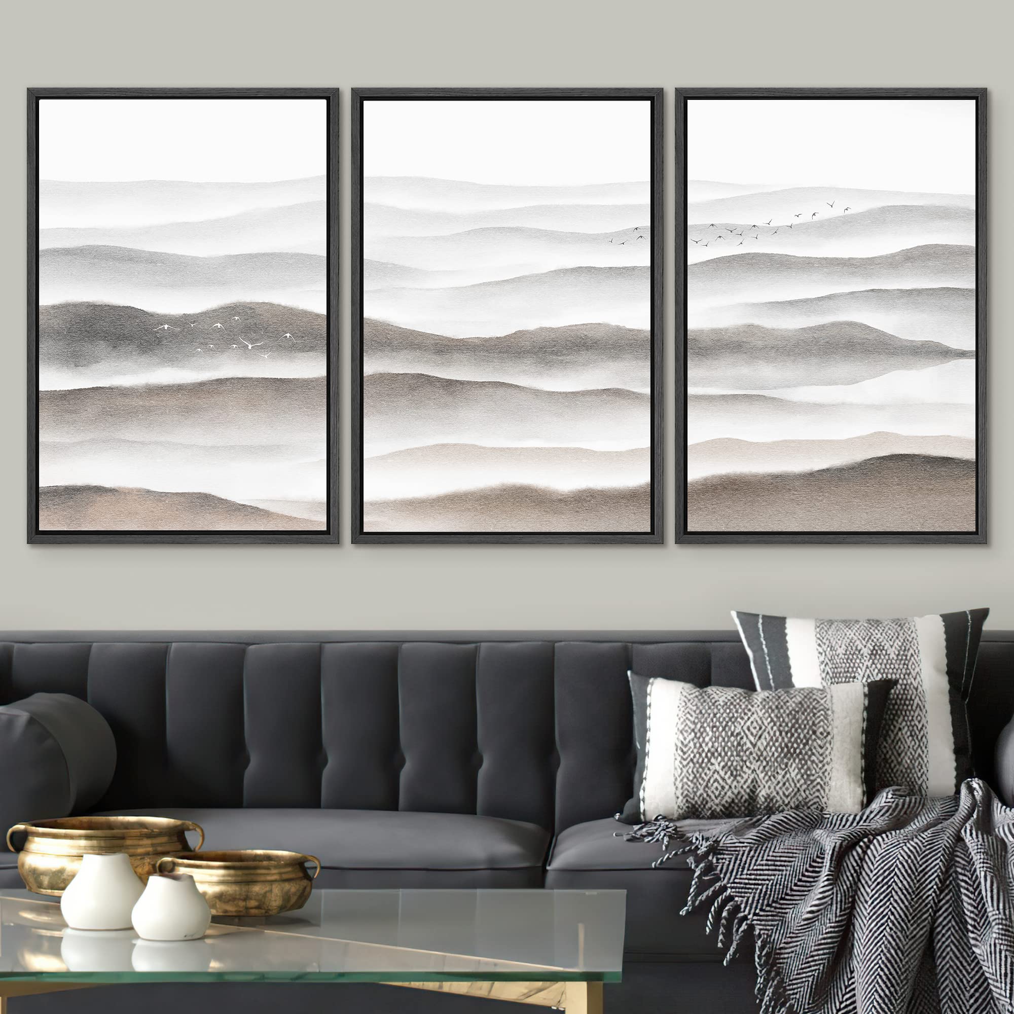 Signwin Framed Canvas Print Wall Art Set Brown Black Misty Mountain Range Sky Nature Wilderness Illustrations Modern Art Decorat