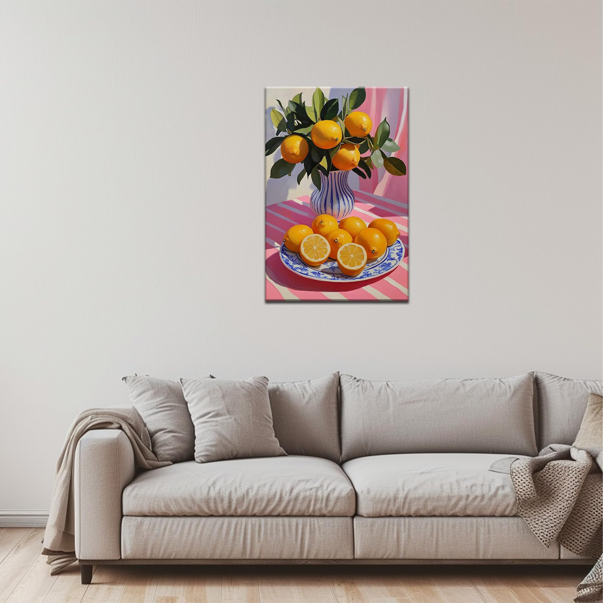 Uzmkm Lemon Wall Art, Oranges Poster & Blue White Vase Canvas Prints For Kitchen Wall Decor, Framed Modern Country Landscape Bot