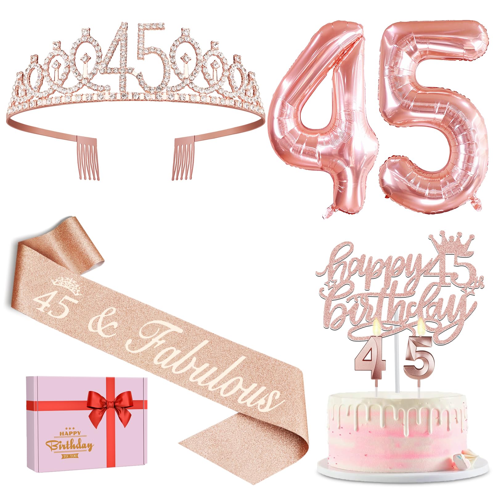 45Th Birthday Gifts For Women, Include 45Th Birthday Sash And Tiara, Birthday Cake Topper And Number 45 Candles, Big 45 Balloons