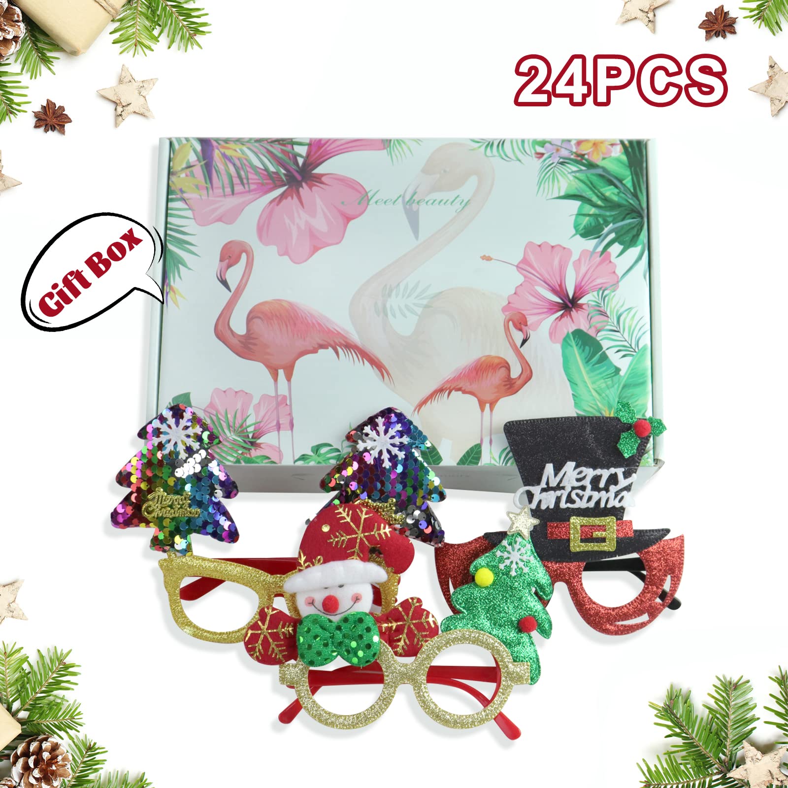 24Pcs Christmas Glitter Party Glasses Frames For Kids, Christmas Costume Eyeglasses For Christmas Parties Holiday Favors Photo B