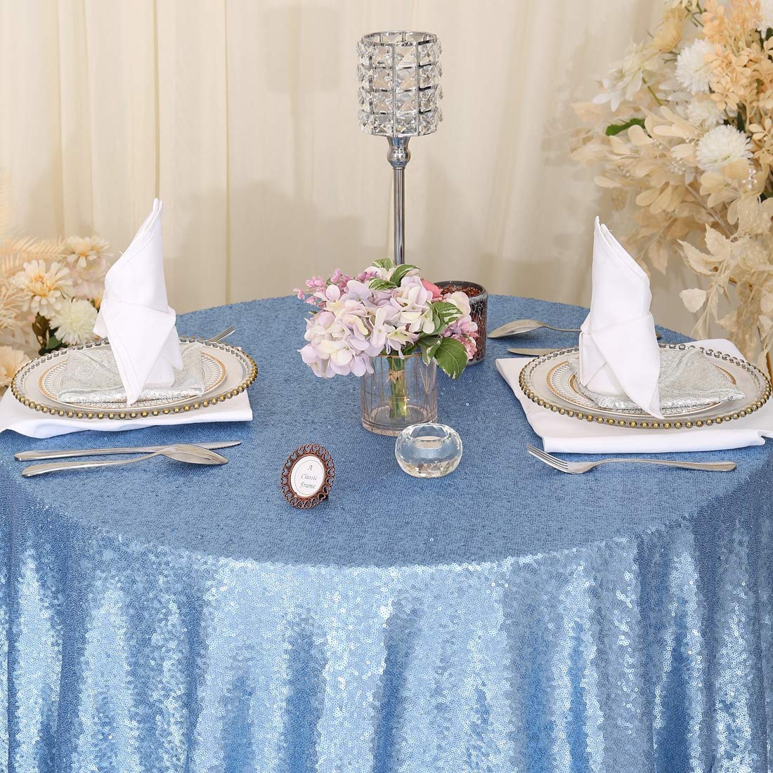 Eternal Beauty Baby Blue 72'' Round Sequin Tablecloth- Sparkly Sequin Overlay For Wedding Party/Dessert Table/Christmas Decorati