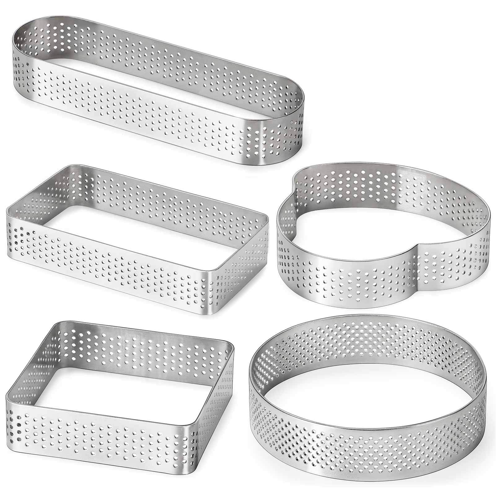 Fangsun Tart Ring For Baking, Stainless Steel Perforated Pastry Ring Mold For French Tarte, 5 Shape Tart Rings With Gift Package