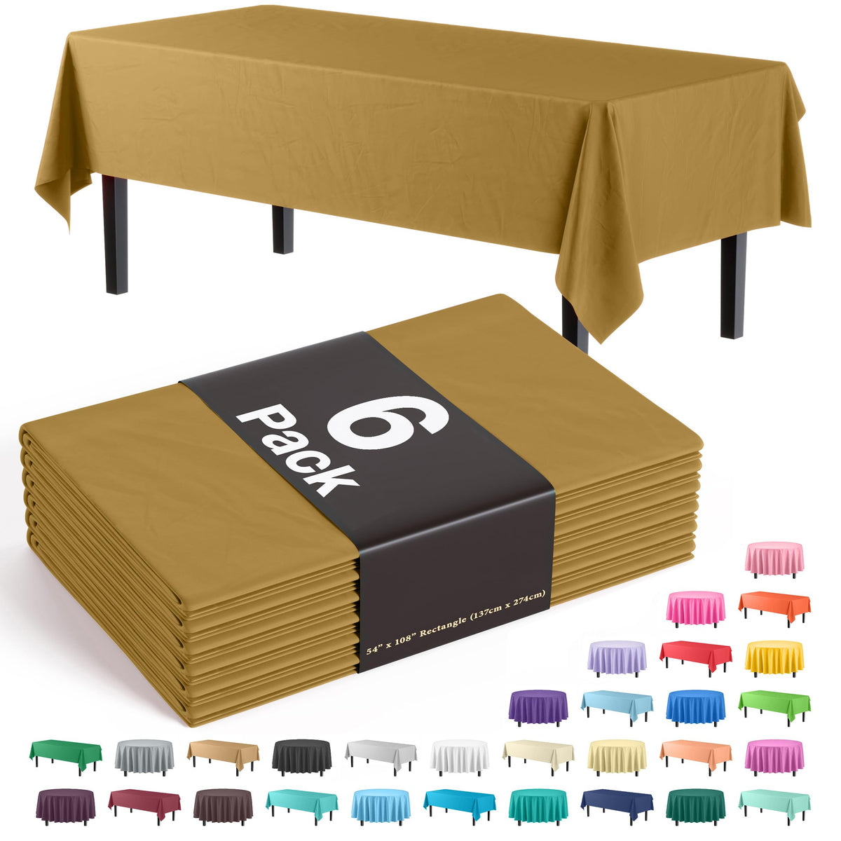 Exquisite 6-Pack Premium Plastic Tablecloth 54In. X 108In. Rectangle Plastic Table Cover - Gold