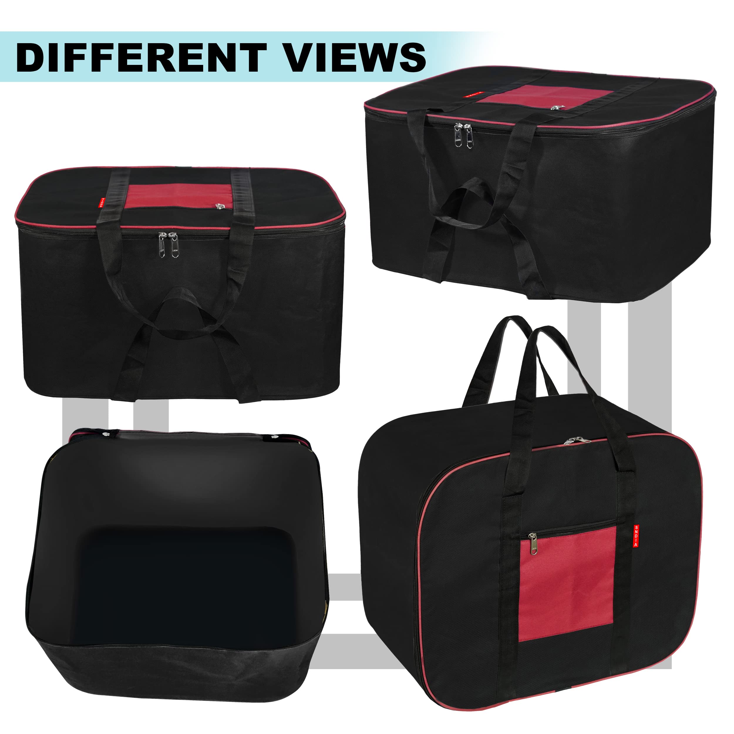Sndia 3 Pack Nylon Big Underbed Storage Bag Moisture Proof Cloth Organiser With Zippered Closure And Handle(Blackred, 54X46X28Cm