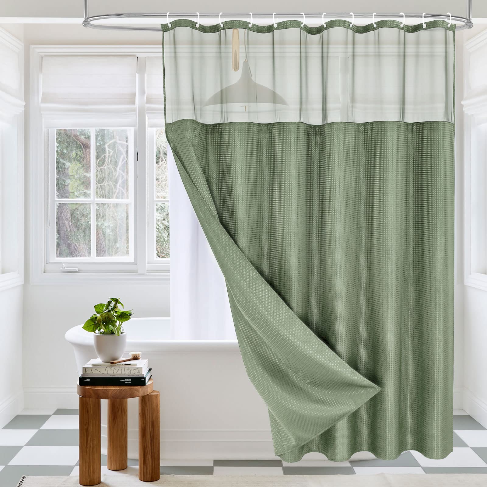Mitovilla Green Waffle Shower Curtain Set With Snap-In Liner, Modern Sage Green Waffle Weave Fabric Shower Curtain For Luxury Ne