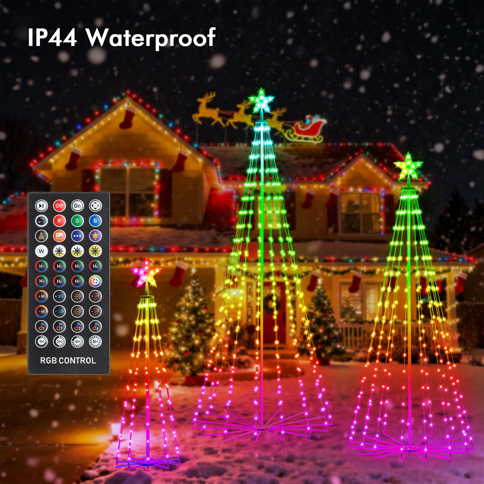 HOLILLUMA Outdoor Christmas Tree, 3-Pack RGB Color Changing Pre-Lit Smart Cone Christmas Tree with LED Lights, App & Remote Cont
