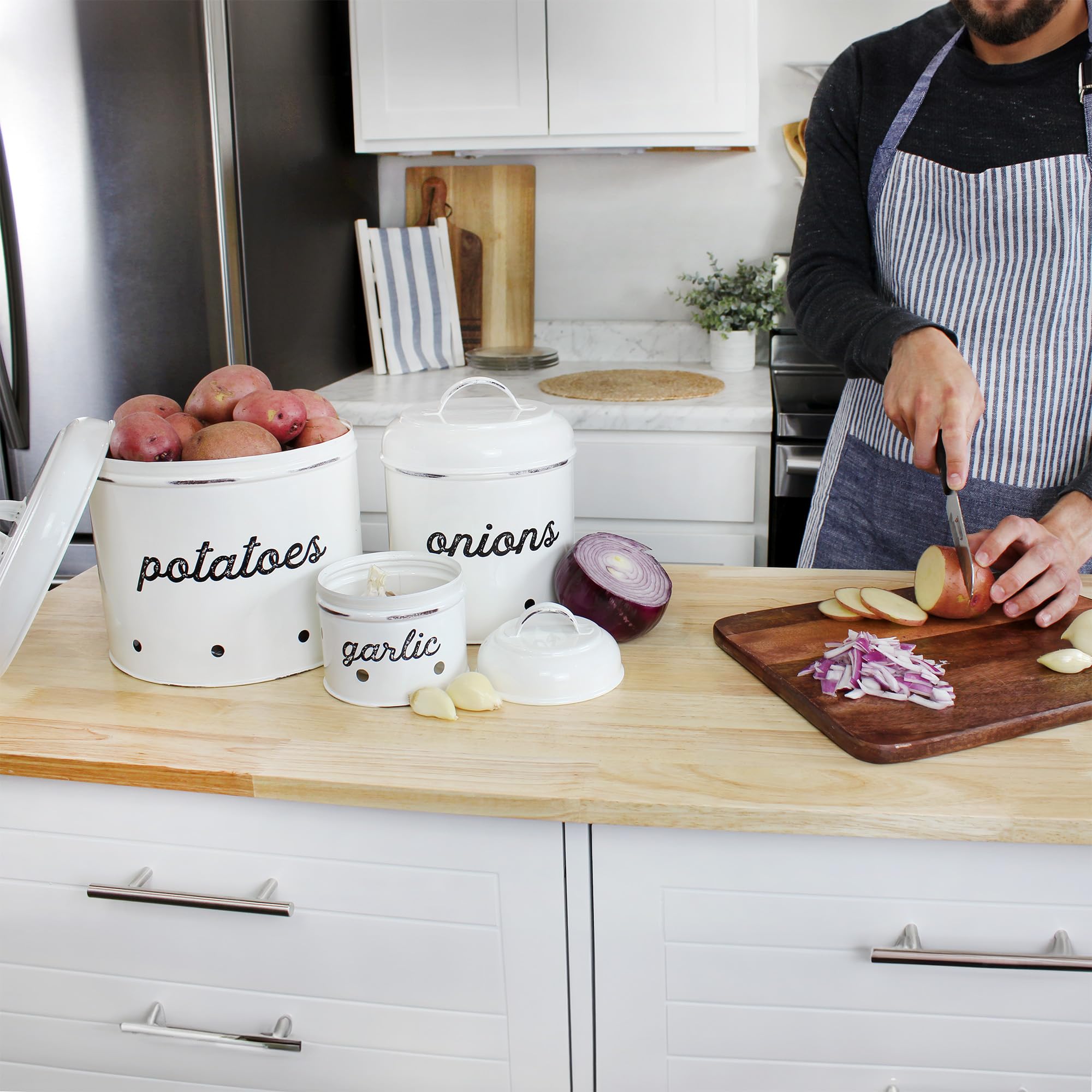 Auldhome Potatoes, Onions And Garlic Canister Set; Rustic White Enamelware Vegetable Storage Containers