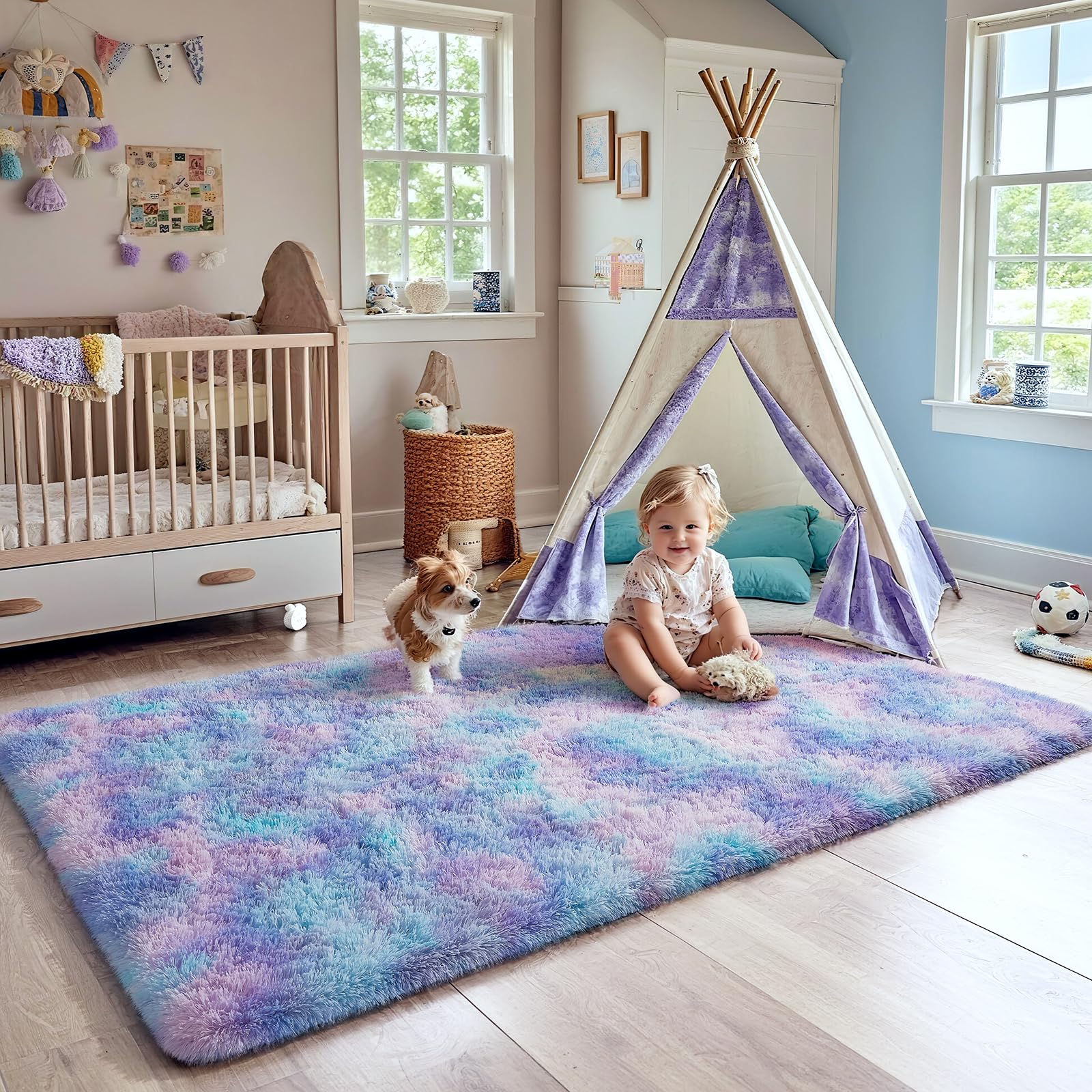 Ophanie Rainbow Purple Rug for Bedroom Girls, Kids Fluffy Kawaii Fuzzy Furry Shag Area Rug, Cute Plush Soft Shaggy Bedside Indoo