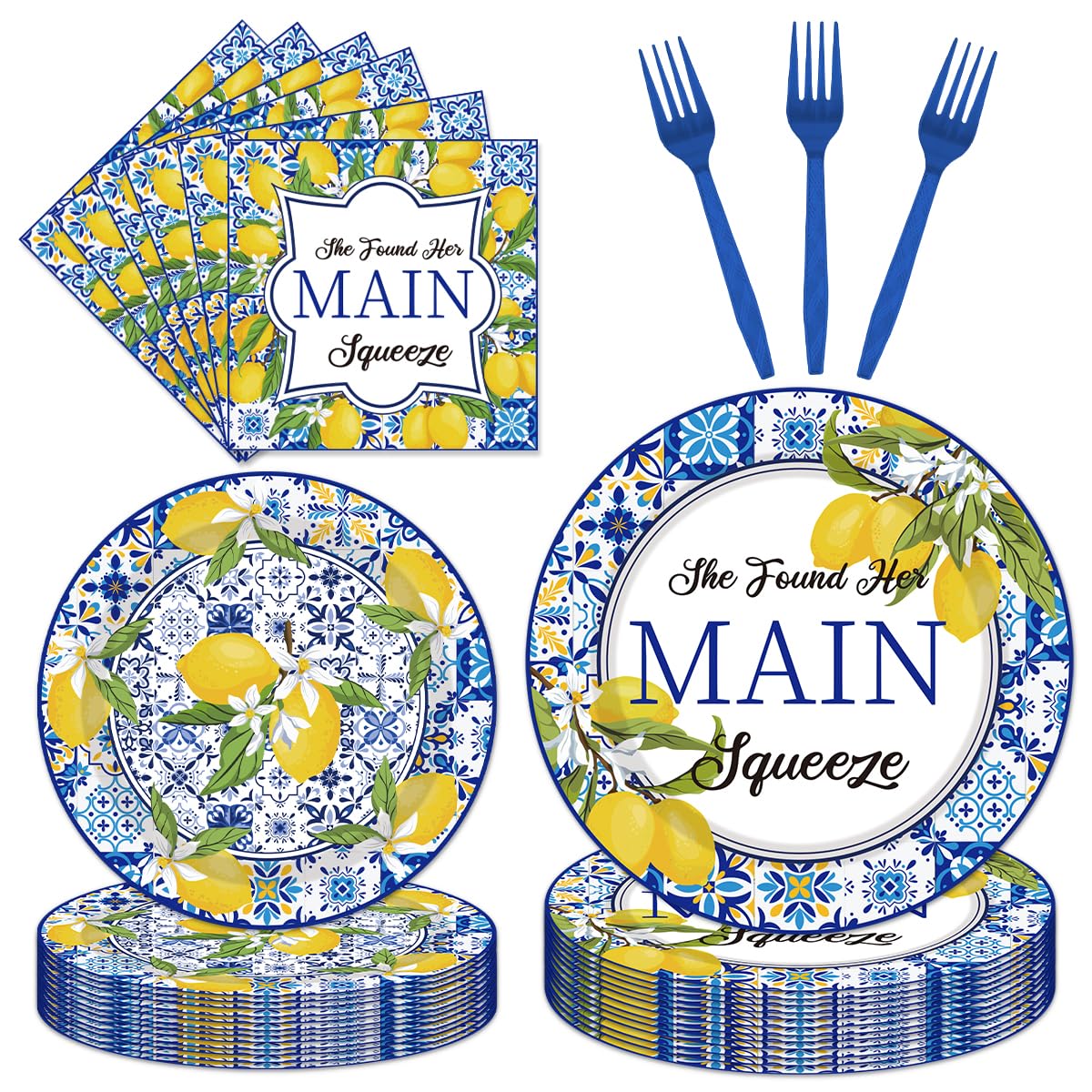 EUOYUFO 96PCS She Found Her Main Squeeze Plates and Napkins Party Supplies Lemon Bridal Shower Decorations Blue Tiles Lemon Weed