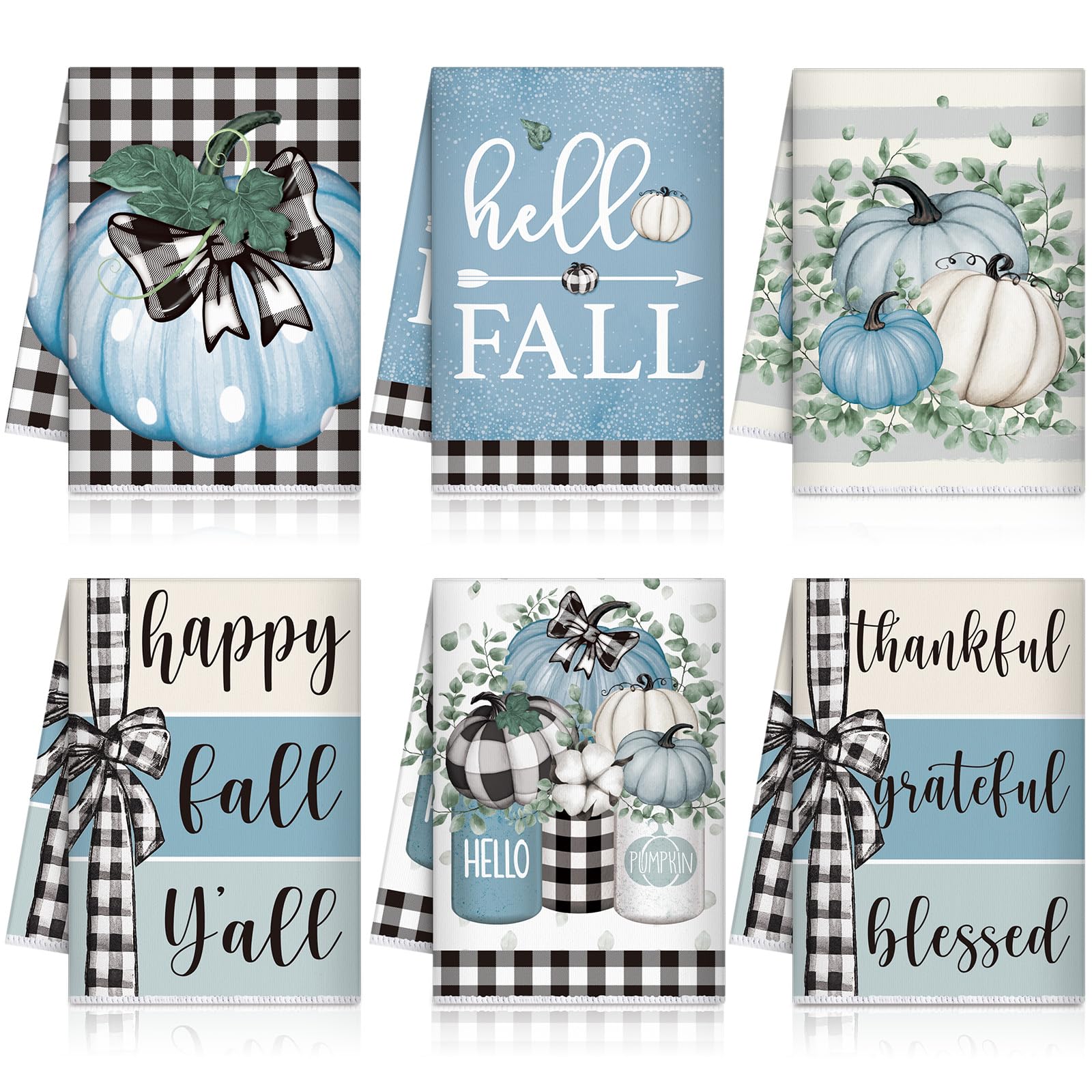 Windkream 6 Pieces Fall Kitchen Towels Thanksgiving Blue Pumpkin Dish Towels Blue Bathroom Hand Towels 21.26 x 14.17 Inches Buff
