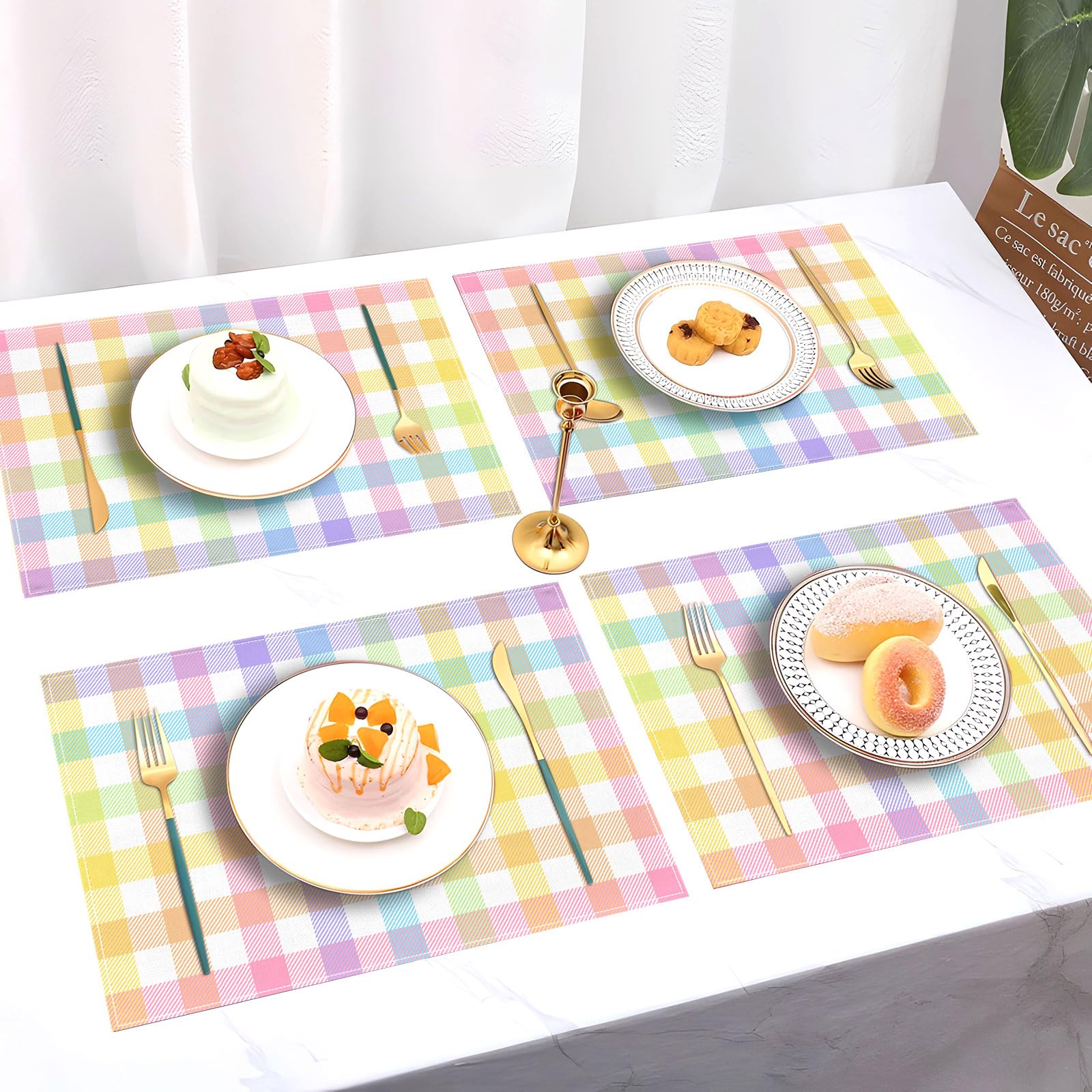 Pudodo Easter Buffalo Plaid Check Placemats Set Of 4 Spring Holiday Party Decorations For Home Kitchen Table Supply (12'' X 18''