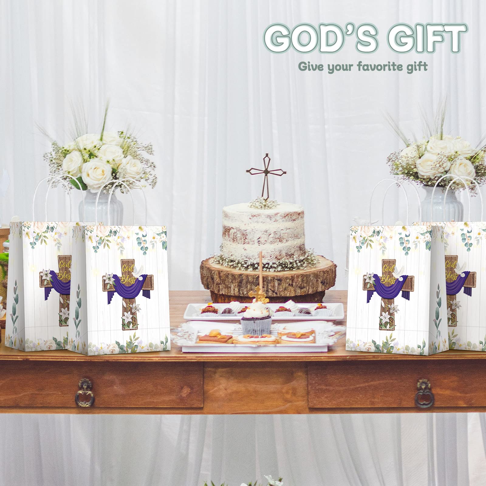 18 Pcs Baptism Gift Bags First Communion Gift Bags Religious Party Favor Bags God Bless Christianity Cross Paper Goodie Bags Bap
