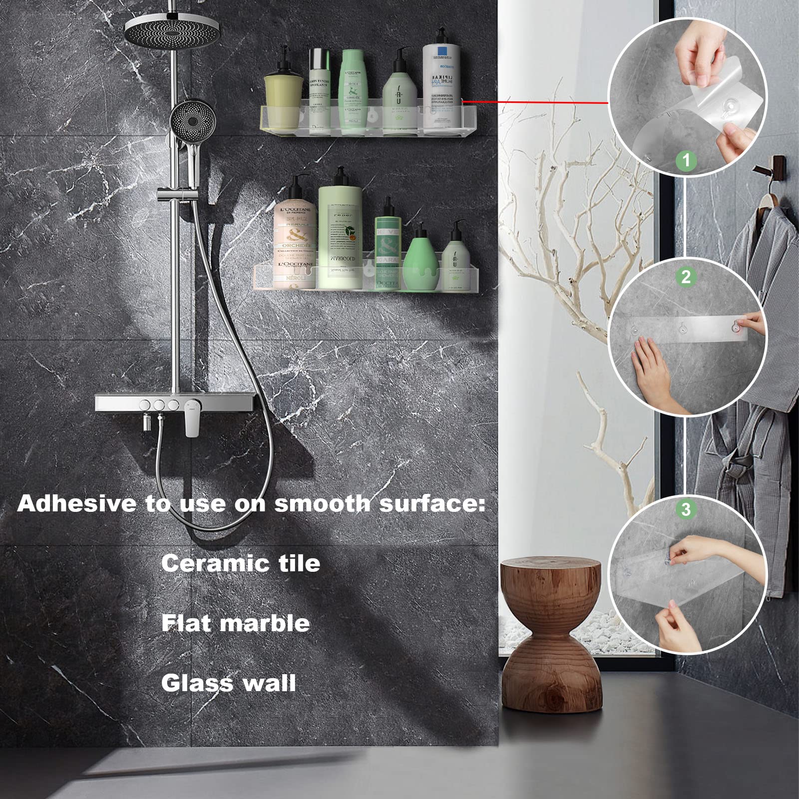Durmmur 2Pack Acrylic Clear Shower Shelves, Adhesive Bathroom Shower Caddy Organizer, Transparent No Drilling Wall Floating Shel
